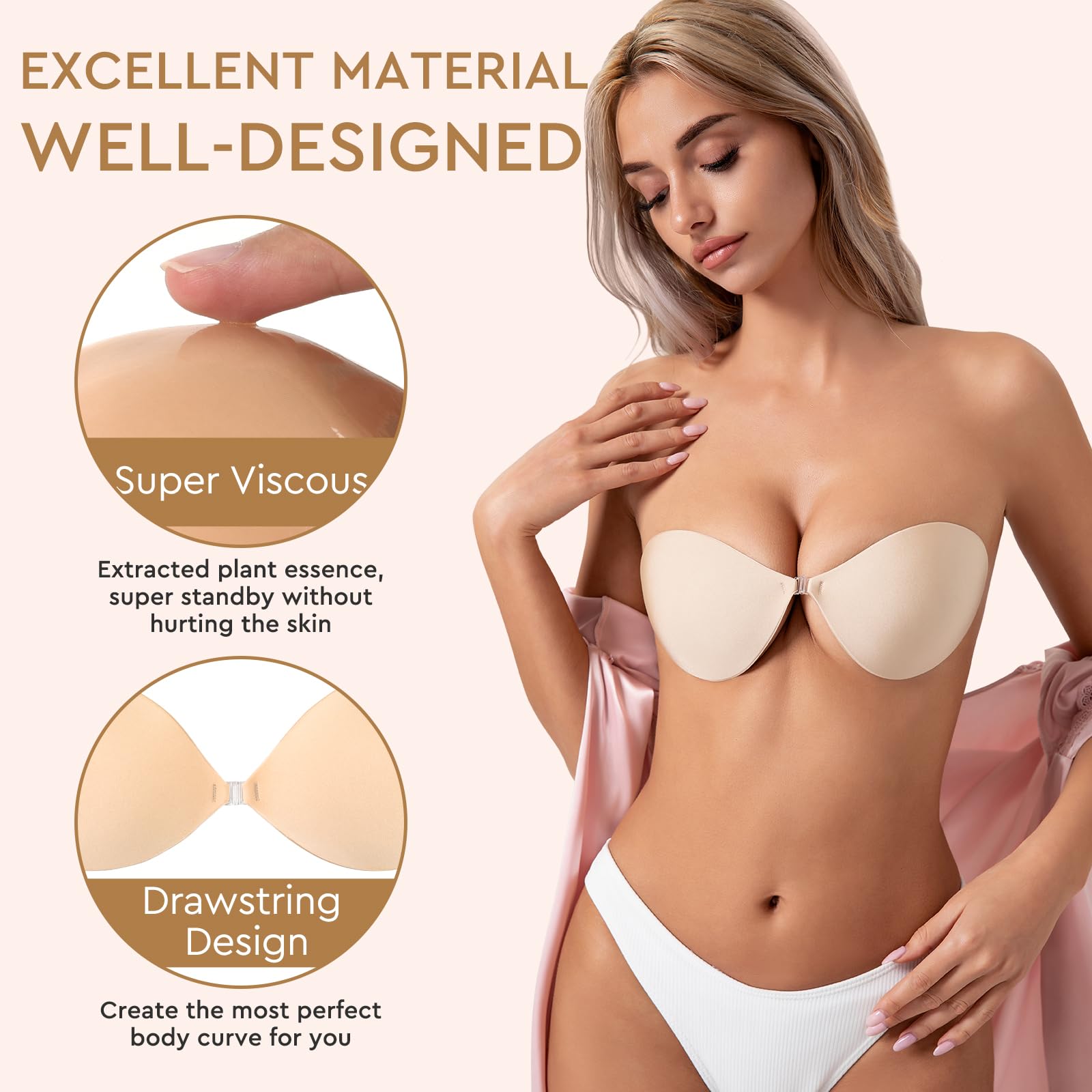 Sticky Strapless Push Up Bra with Nipple Covers - Silicone Adhesive Cups, Washable & Reusable - Perfect for Backless Dresses, Wedding Gowns & Special Occasions