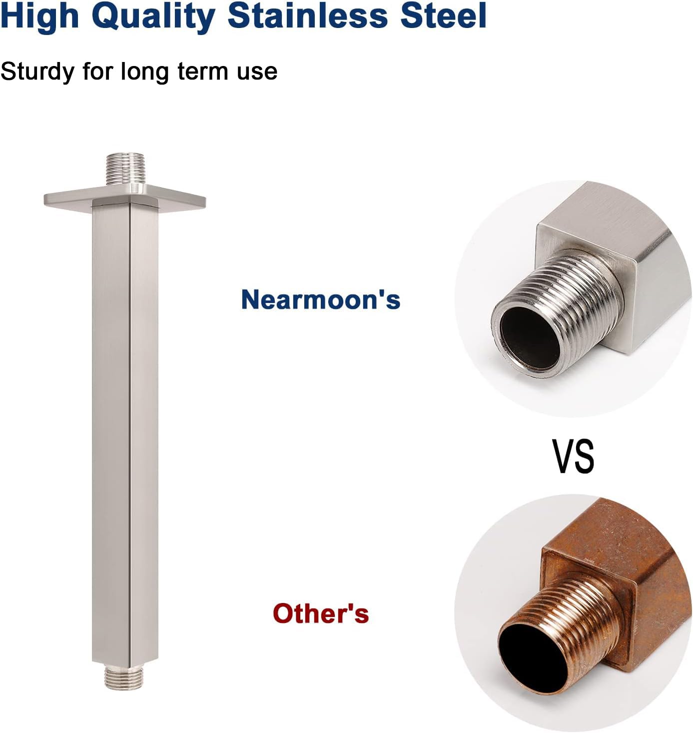 NearMoon 6 Inch Brushed Nickel Ceiling Mounted Shower Arm with Flange - 1/2 NPT Universal Connection for Fixed Rain Shower Head - Thick Stainless Steel Construction - Perfect for Modern Bathroom & Spa Shower Renovations
