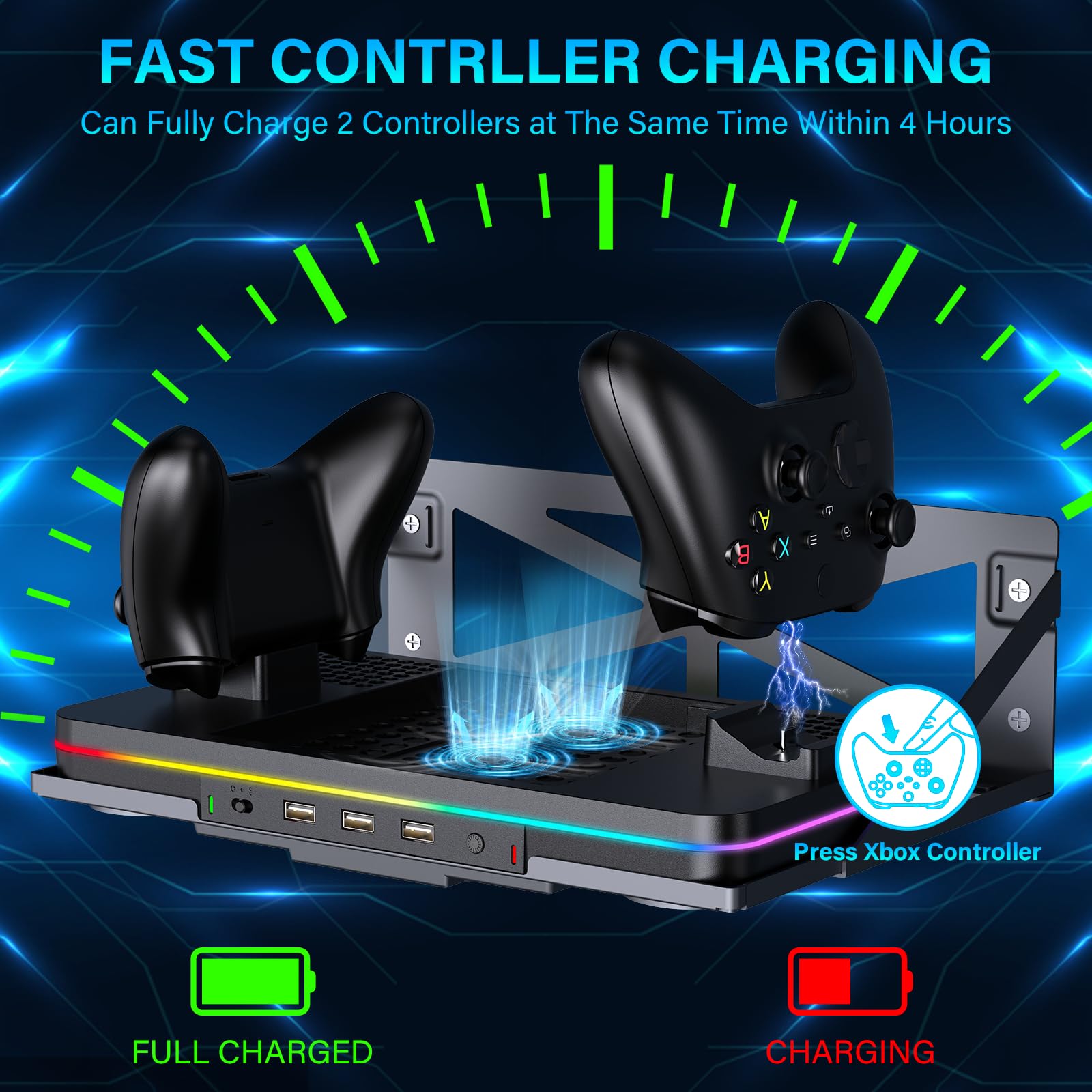 Luckit Vertical Wall Mount & Cooling Charging Stand for Xbox Series X/S - Dual Controller Charger Station with Cooling Fan, 3 USB Ports & 2 Headset Stand - Perfect for Gaming Setup & Console Organization