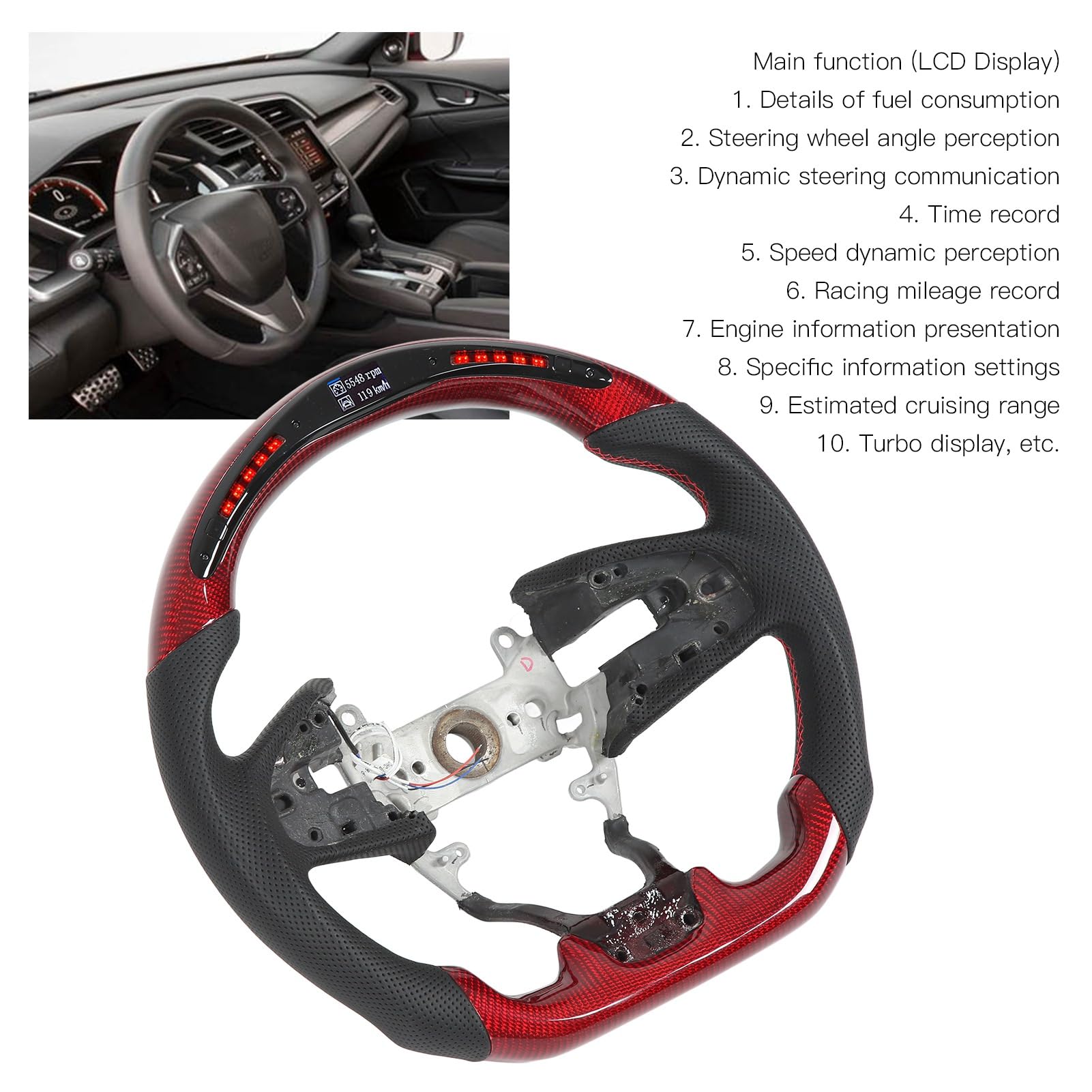 Red Carbon Fiber LED Steering Wheel with Shift Lights - Compatible with Honda Civic Type R FK8 2016-2021 - Racing & Performance Driving Upgrade