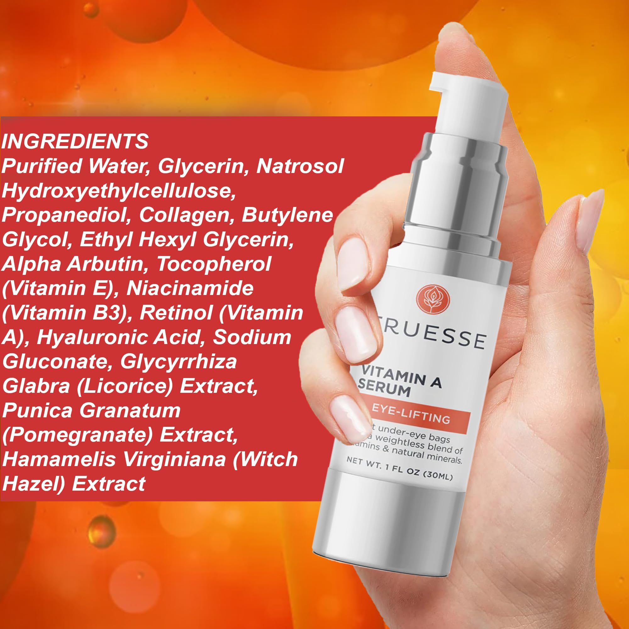 TRUESSE Vitamin A & E Serum for Under-Eye Bags - Ayurvedic Firming & Tightening Face Serum (1 fl oz) - Reduce Dark Circles & Wrinkles for Youthful Skin | Perfect for Night Routine & Anti-Aging Skincare