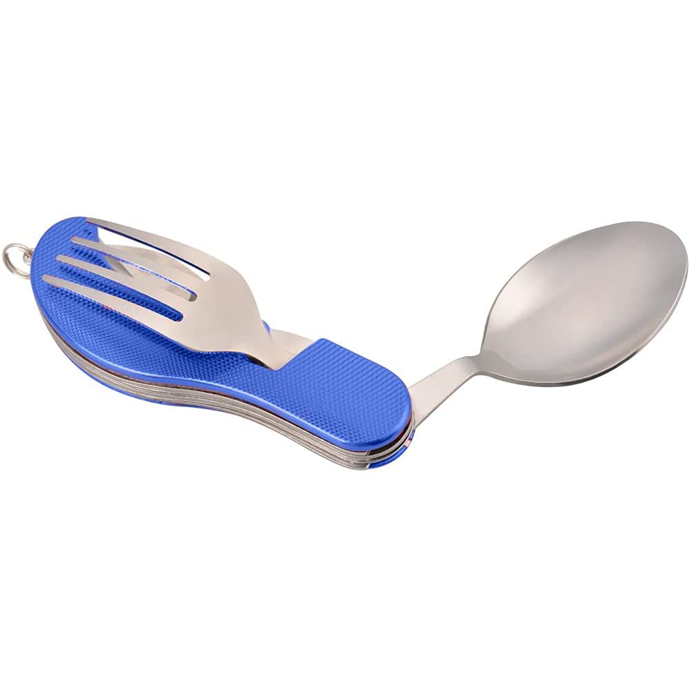 4-in-1 Camping Flatware Set - Stainless Steel Spoon, Fork, Knife & Bottle Opener Combo - Compact Folding Utensils for Hiking, Picnics & Outdoor Adventures (Blue)