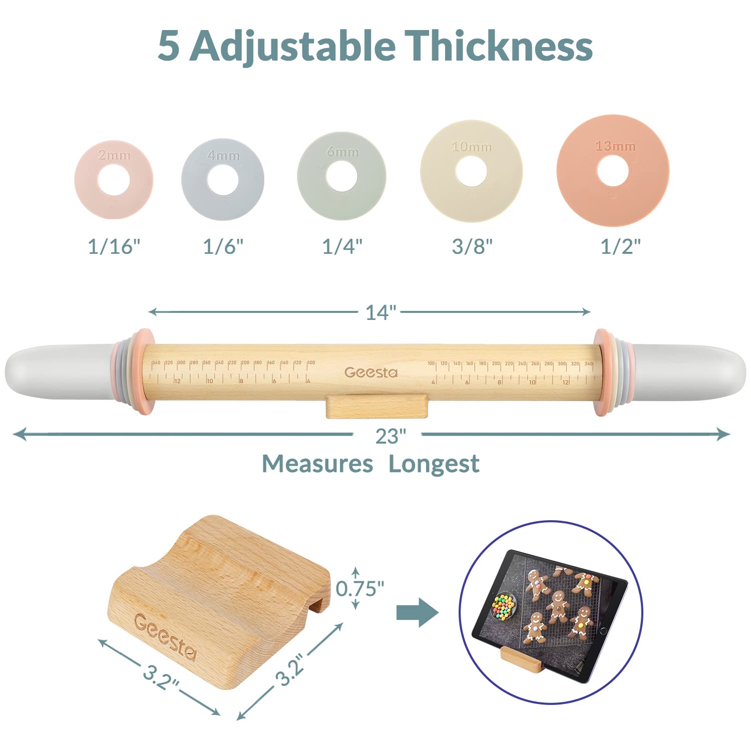 Geesta Adjustable Wood Rolling Pin with 5 Thickness Rings - Precise Dough Roller Handle Press with Measurement Guide for Baking Fondant, Pizza, Pie Crust, Cookies & Pastry | Perfect for Home Bakers, Professional Chefs & Cake Decorating Enthusiasts