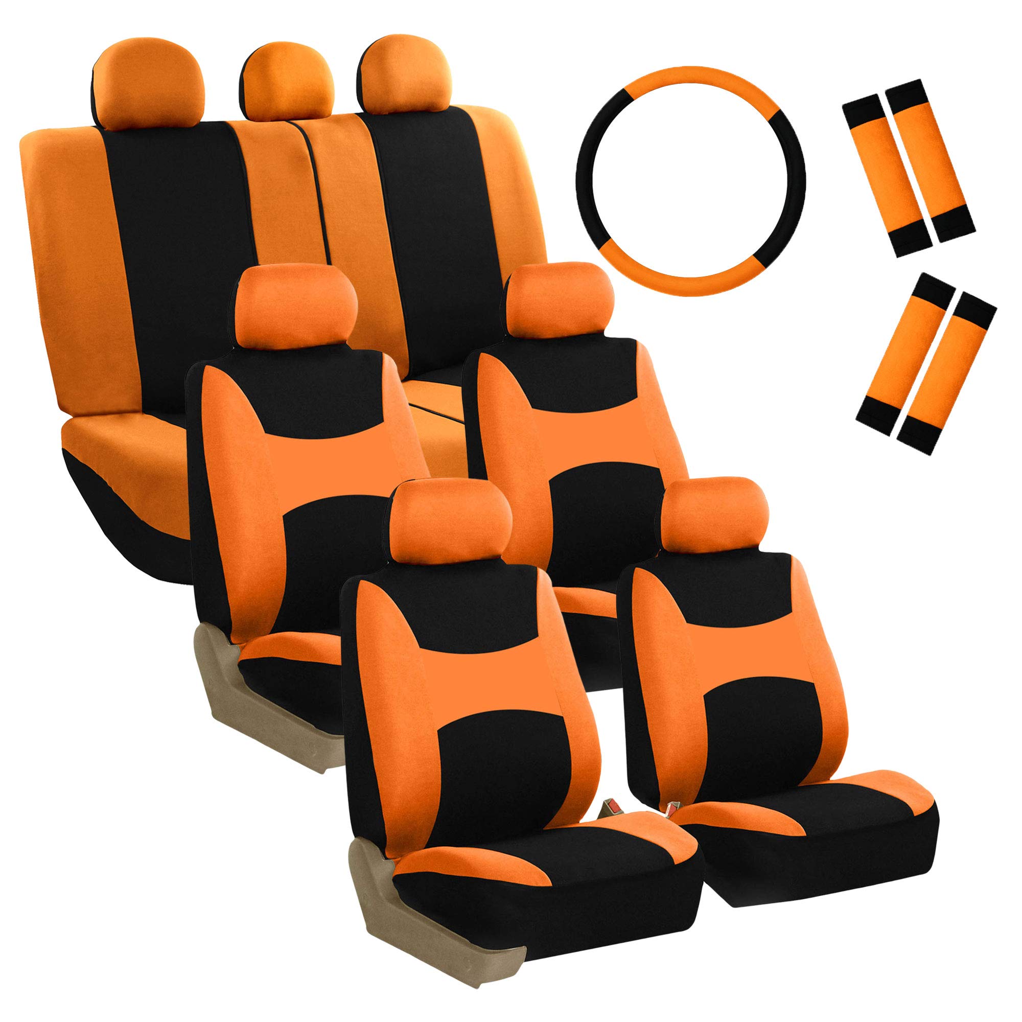FH Group Light & Breezy Cloth Car Seat Covers - 7 Seater 3-Row Universal Fit for Cars, Trucks & SUVs - Airbag & Split Compatible (Orange/Black) - Perfect for Road Trips, Daily Commutes & Family Travel