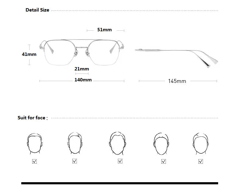 Aimee Unisex Semi-Rimless Square Double Bridge Titanium Eyeglasses 5228 - Lightweight & Durable for Work, Reading & Fashion