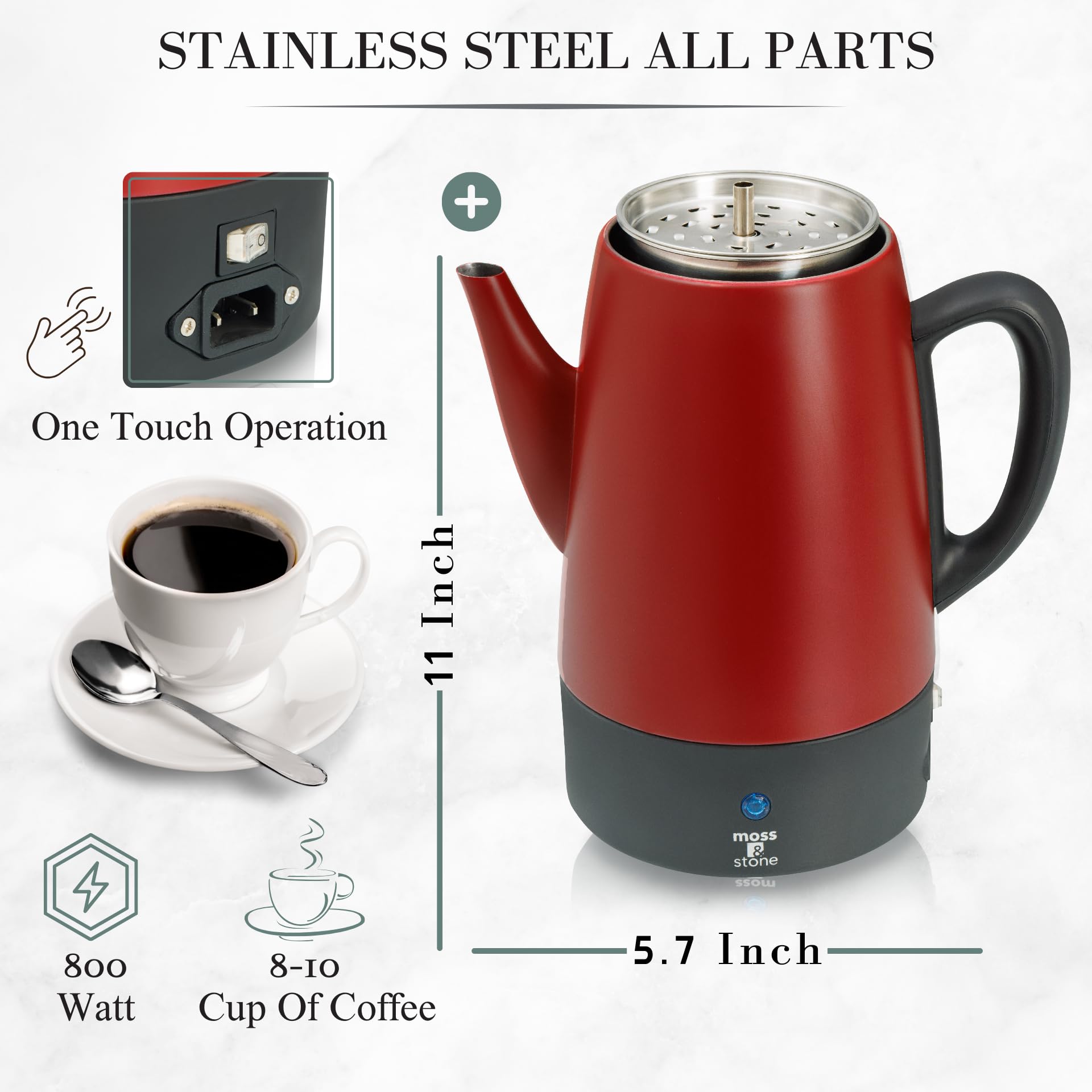 Electric Coffee Percolator - 10 Cup Stainless Steel Camping Coffee Maker with Red Body & Lid for Outdoor, RV, and Home Brewing | Moss & Stone