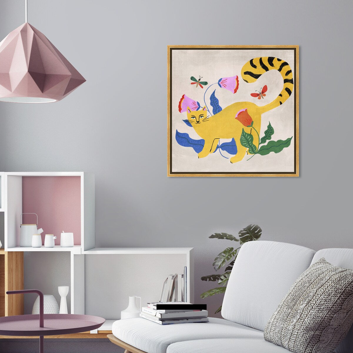 Blonde Tabby Floral Kitten Butterfly Garden Modern Yellow Framed Canvas Wall Art Print - Perfect for Bedroom, Living Room & Nursery Decor