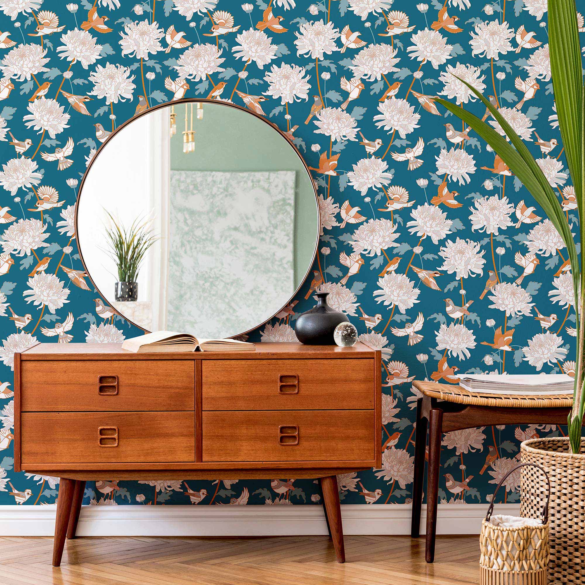 Blue Flowers Peel and Stick Removable Wallpaper 3414 - Self-Adhesive Decorative Wall Covering for Bedroom, Living Room & Nursery Decor