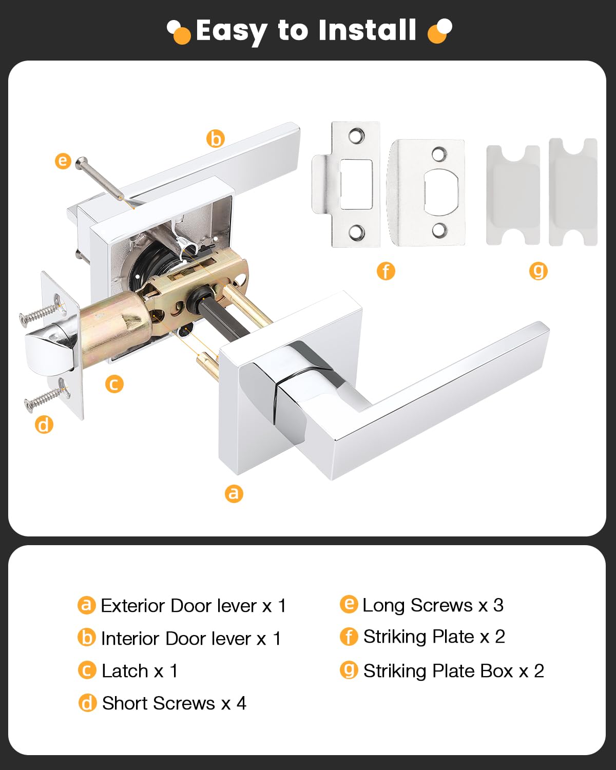 Gobrico 4 Pack Square Closet & Hall Door Levers - Bright Chrome Passage Door Locks - Interior Door Handles Hardware for Bedroom, Bathroom & Office Doors