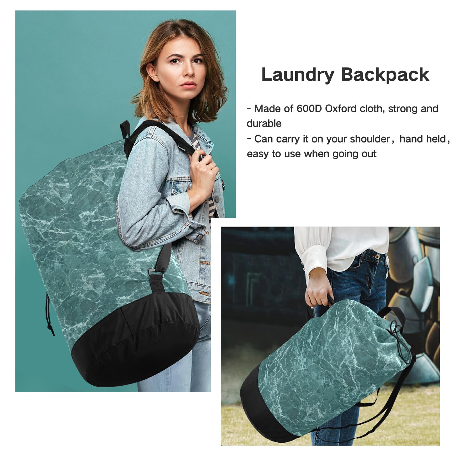 Washable Laundry Backpack - Large Dirty Clothes Bag with Adjustable Shoulder Straps, Marble Pattern Green Heavy Duty Drawstring Laundry Bag for Travel, College & Camping | Perfect for Dorms, Gym & Outdoor Adventures
