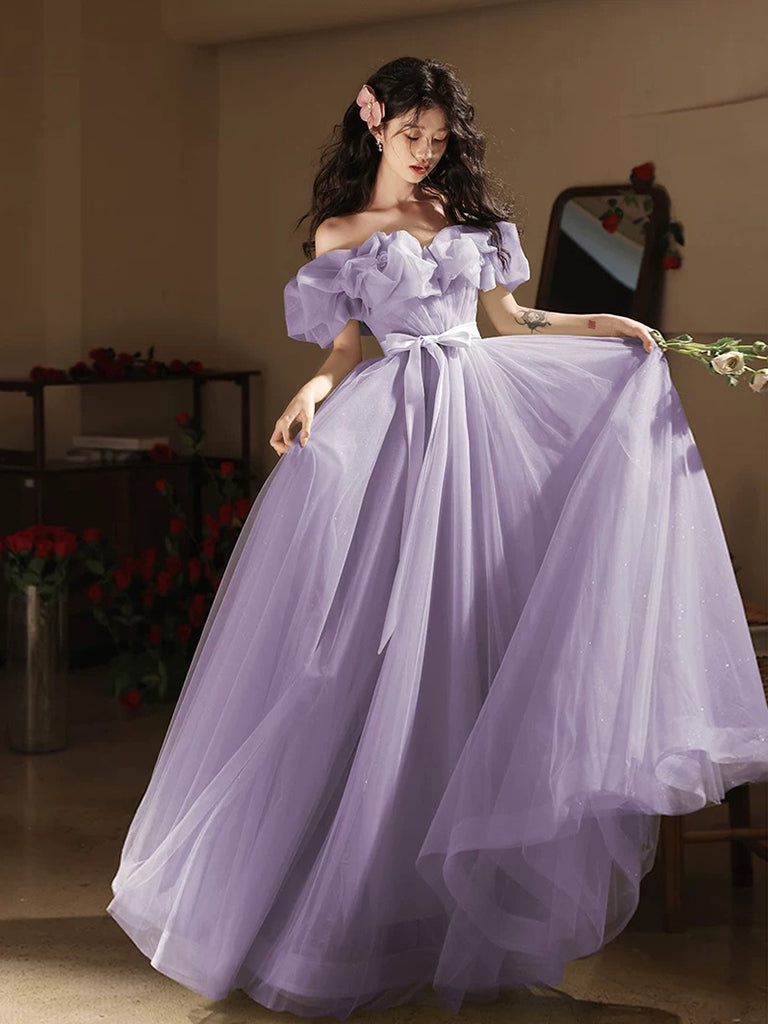 Elegant Off-Shoulder A-Line Tulle Prom Dress in Purple - Long Formal Evening Gown for Homecoming, Wedding Guest & Special Occasions