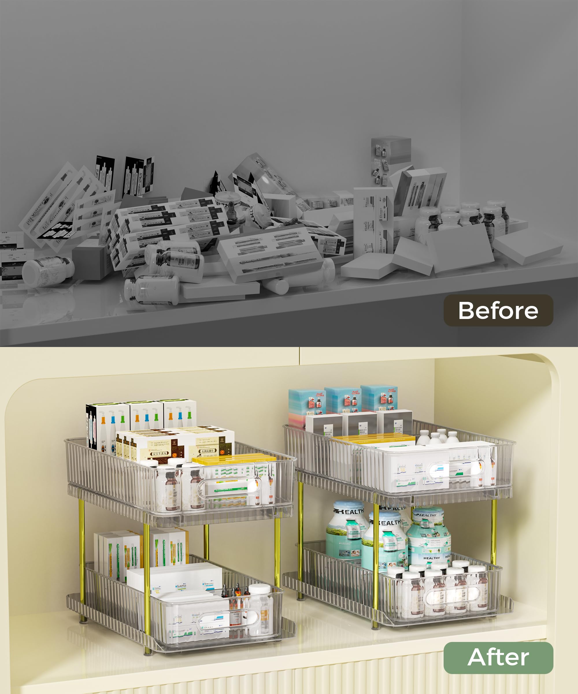 2-Tier Clear Acrylic Makeup and Skincare Organizer with 4 Removable Dividers - Large Vanity Perfume Storage & Pull-Out Bathroom Organizer for Bath, Bedroom, Cabinet - Perfect for Cosmetics, Jewelry and Toiletries Organization
