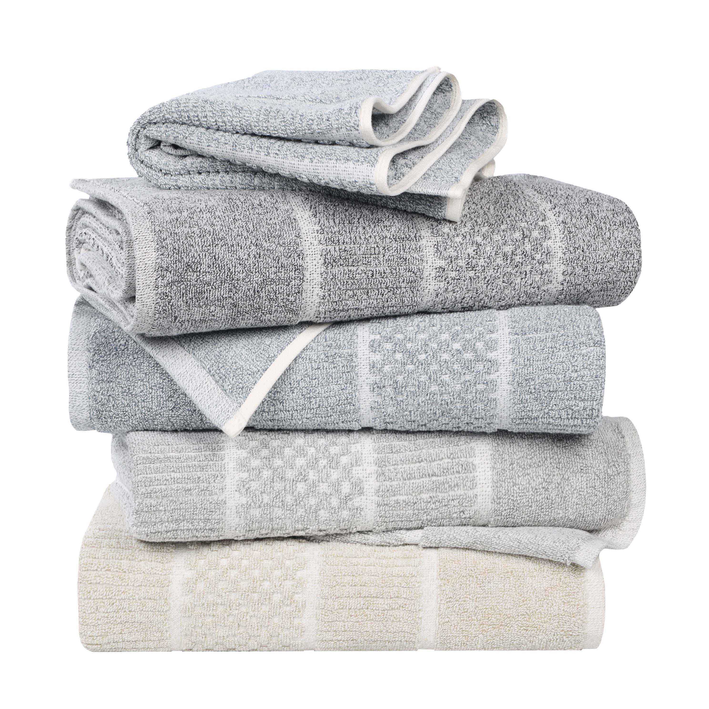 Premium Cotton Blend Checkered and Ribbed Hand Towels Set of 6 - Soft Absorbent Bath & Kitchen Towels for Guest Bathroom, Powder Room, and Spa Use