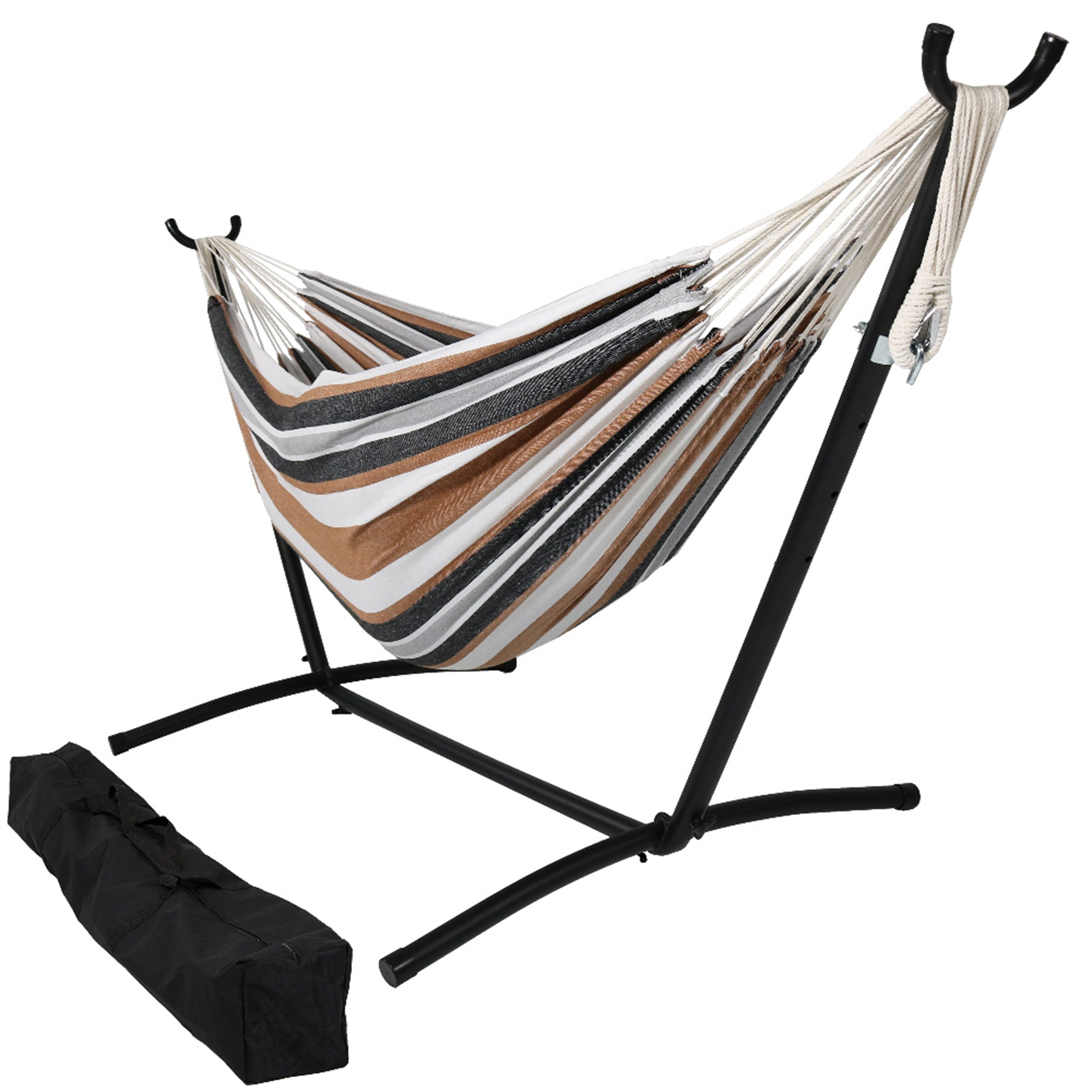 Premium Brazilian Double Hammock with Stand & Carry Bag - Heavy Duty Cotton Rope Hammock for Outdoor, Backyard, Patio & Beach Relaxation