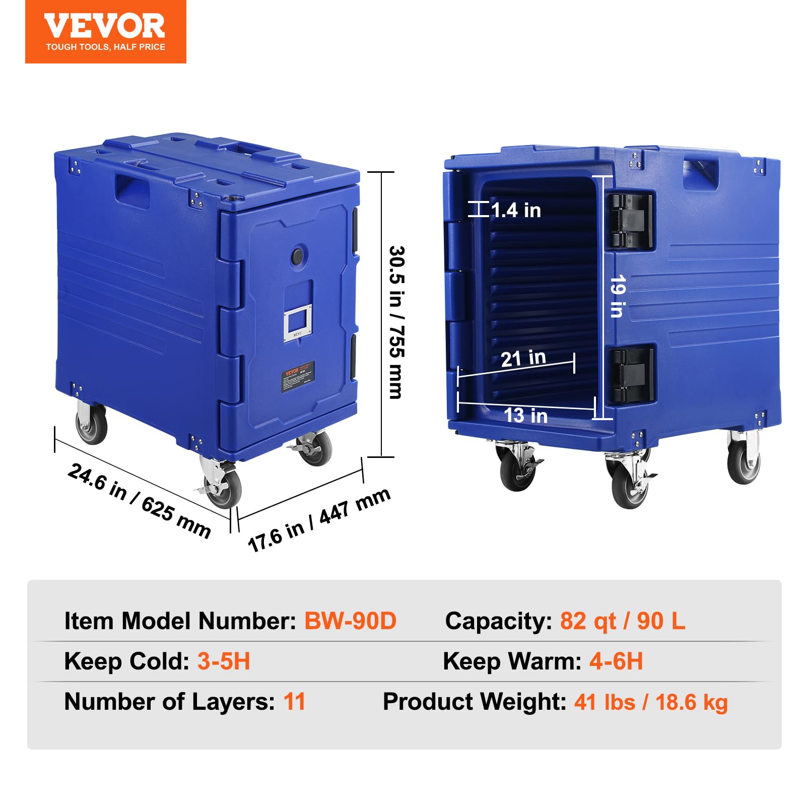VEVOR 95 Qt Insulated Food Pan Carrier - Hot Box Catering Equipment with LLDPE Construction, One-Piece Buckle & Wheels - Front Loading Food Warmer with Handles for Restaurants, Canteens, Buffets - Perfect for Keeping Meals Hot During Catering Events, School Lunches & Hospital Food Service (Blue)