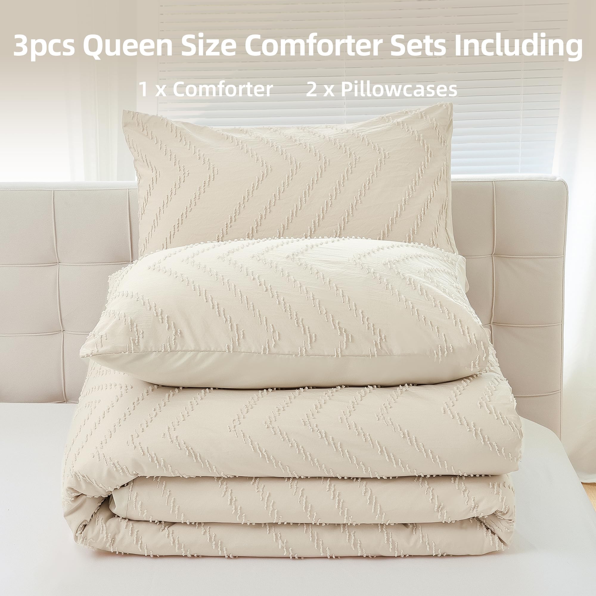 YIRDDEO Beige Queen Size Comforter Set 3Pcs - Boho Chevron Tufted Cream Bedding Set, Farmhouse Lightweight Neutral Comforter with 2 Pillowcases | Perfect for Master Bedroom, Guest Room & Cozy Home Decor