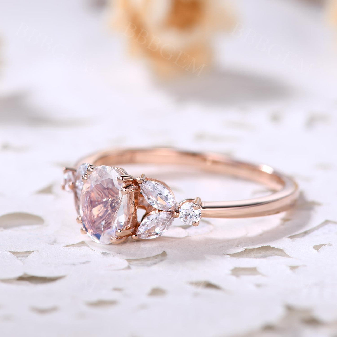 Art Deco Style Marquise Cut Moissanite Engagement Ring with Verbenas & Moonstone Accents – Vintage Inspired Jewelry for Weddings, Anniversaries & Special Occasions