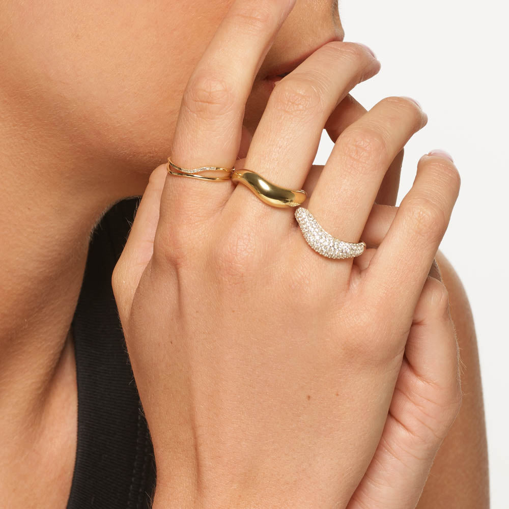 White Topaz Pave Wave Dome Ring in Gold - Elegant 14K Gold Plated Statement Ring for Women, Perfect for Weddings, Parties & Special Occasions