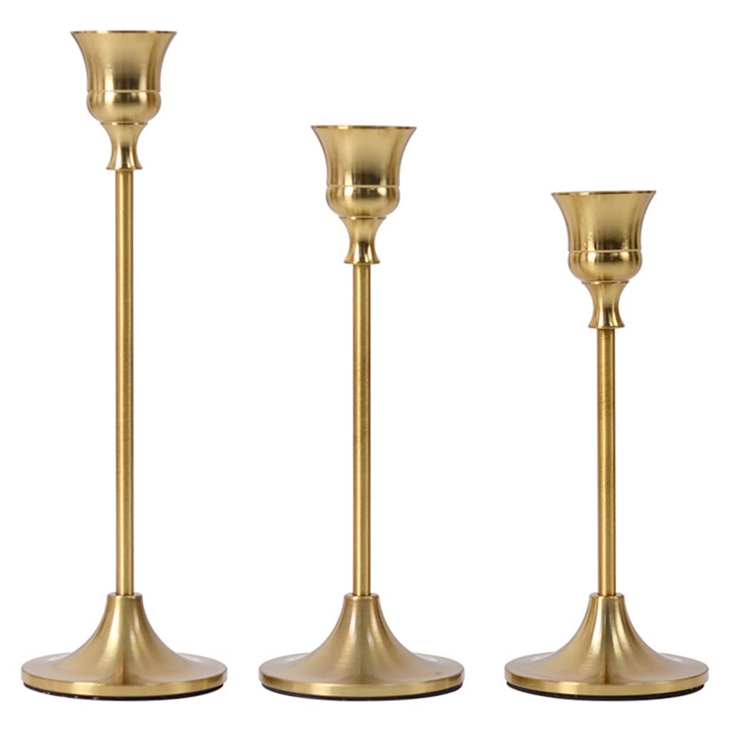 Premium MGCtech Golden Candle Holder Set - 3-Piece Metal Tabletop Candelabra for Home Decor, Wedding & Housewarming Gifts | Elegant Centerpiece for Dining Table, Mantel Decor, Romantic Dinner Setting (Gold)