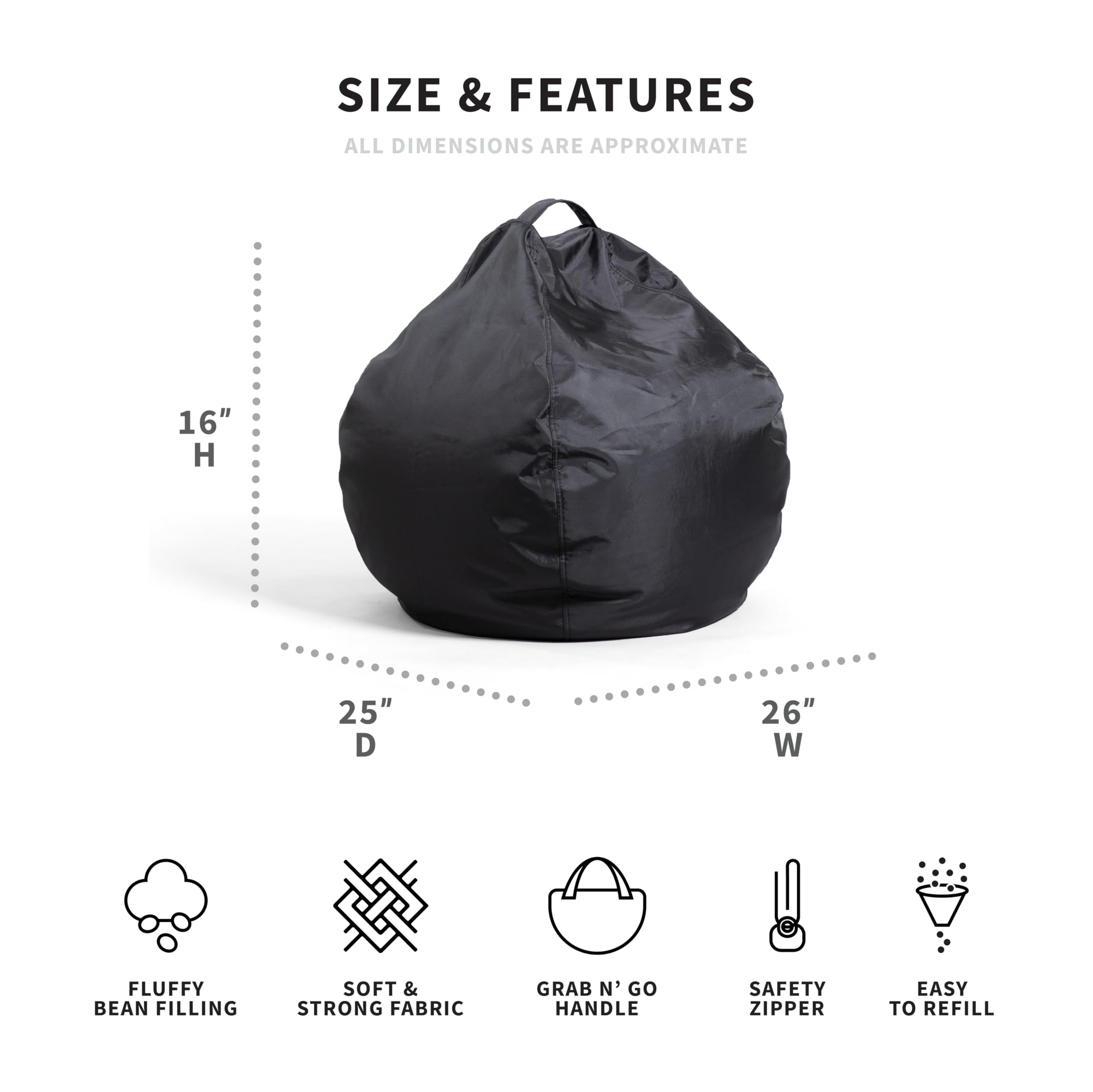Big Joe Classic 2-Pack Bean Bag Chairs - Ultra Soft Black Smartmax Fabric, 2ft Teardrop Shape for Kids & Adults - Perfect for Gaming, Lounging & Dorm Room Decor