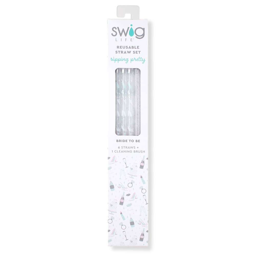 Bride to Be Silver Glitter Reusable Straw Set - Wedding, Bachelorette Party & Bridal Shower Drinkware Accessories