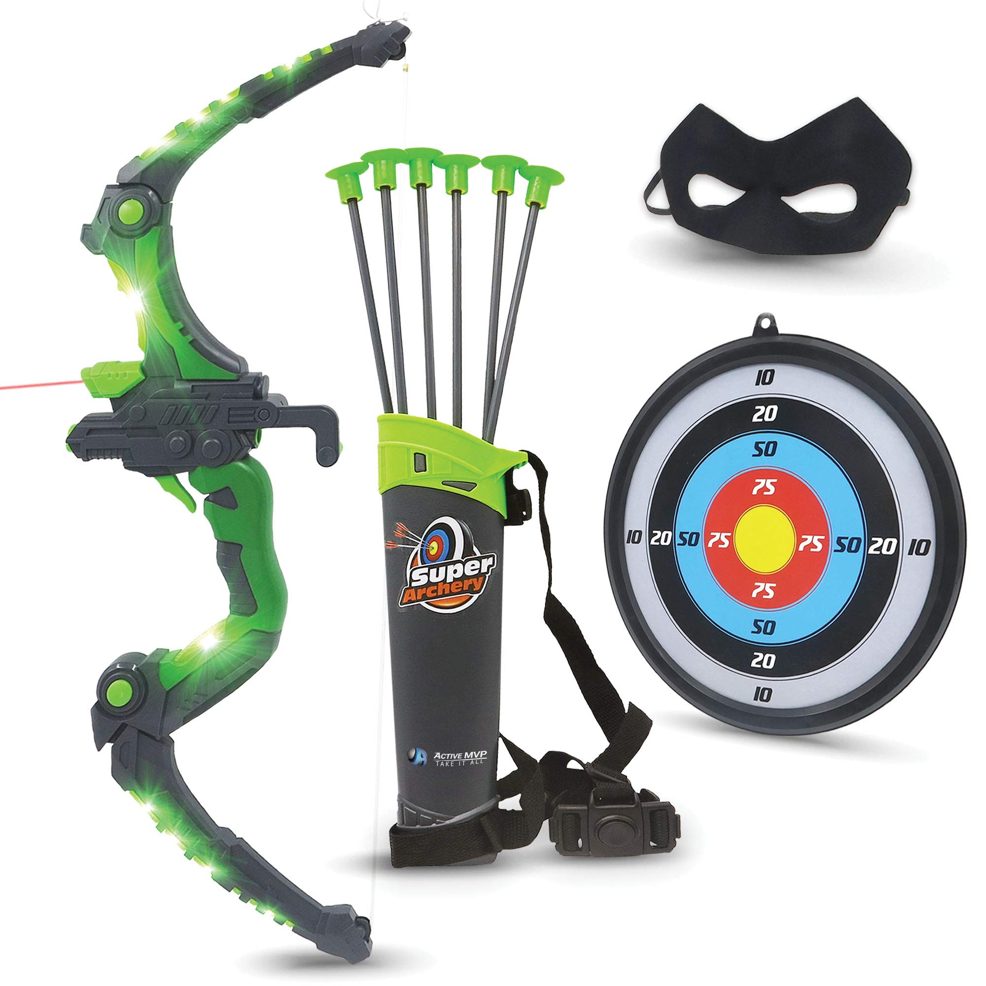 **Light Up Bow and Arrow Set for Kids - Green LED Archery Toy with Mask, 6 Suction Cup Arrows, Target & 3-Belt Quiver - Safe Indoor/Outdoor Boys & Girls Gift for Ages 6-12 - Perfect for Birthday Parties, Backyard Games & Outdoor Adventures**