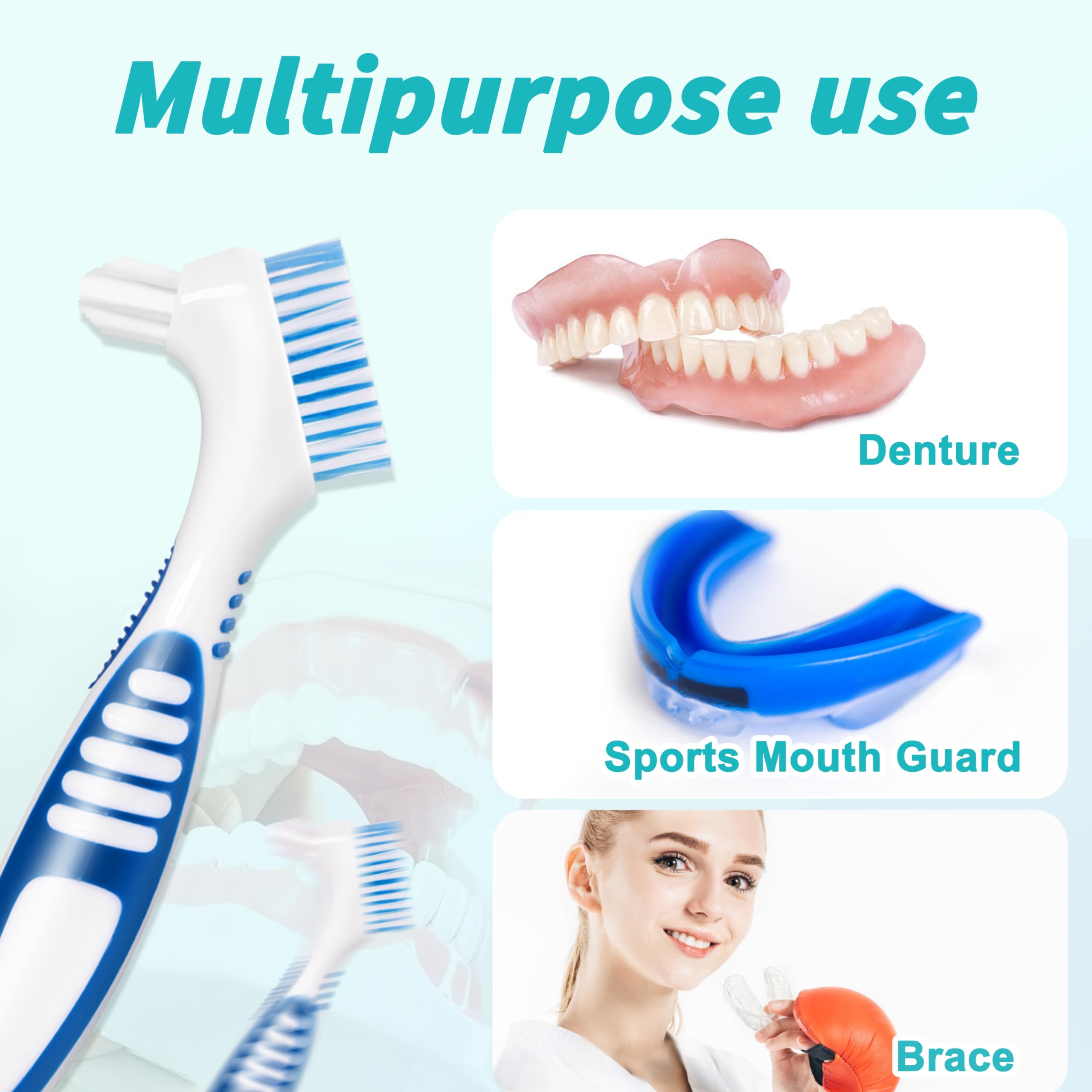 6 Pcs Denture Brush Set for False Teeth Cleaning - Double Sided Design with Multi-Layered Soft Bristles & Anti-Slip Rubber Handle (4 Colors) - Perfect for Denture Care at Home or Travel