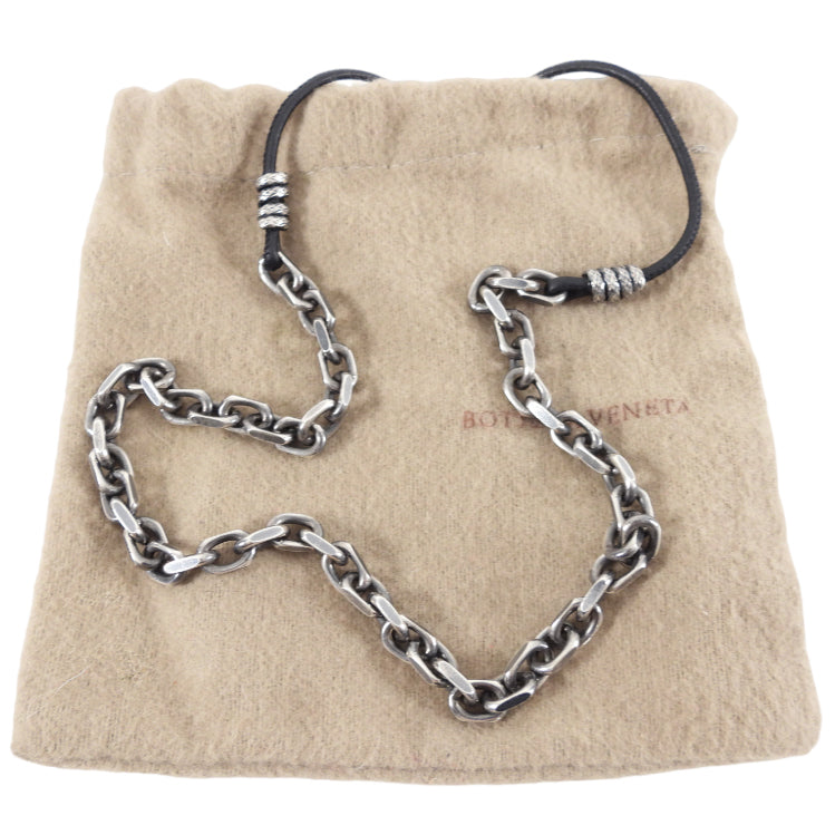 Bottega Veneta Sterling Silver Chain Necklace with Leather Cord - Elegant Layering Necklace for Women, Perfect for Everyday Wear & Special Occasions