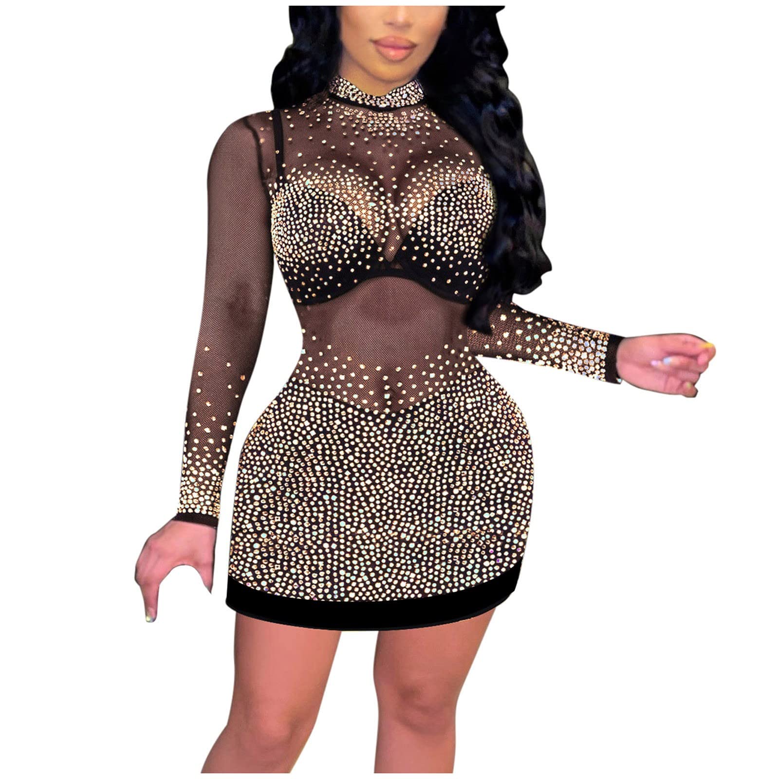 Vacger Women's Sexy Long Sleeve Lace Sequins Party Dress - Elegant Sheath Mini Dress for Nightclub, Evening Events & Special Occasions