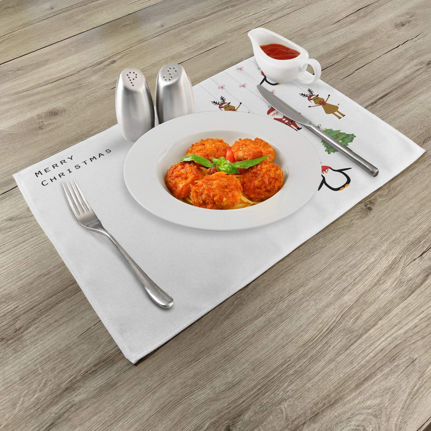 Ambesonne Christmas Place Mats Set of 4 - Festive Holiday Table Decor with Reindeer, Santa, Penguins & Christmas Tree Stripes - Washable Fabric Placemats for Dining Room & Kitchen - Perfect for Holiday Parties, Family Gatherings & Christmas Dinner Decorations