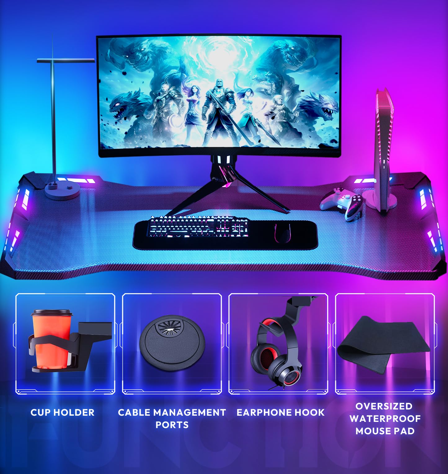 Dowinx RGB Gaming Desk with LED Lights & Carbon Fiber Surface - 55