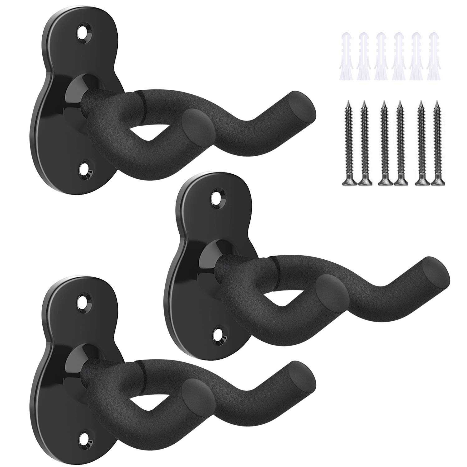 MoKo 3-Pack Guitar Wall Mount Hanger - Heavy Duty Wall Hook Holder for Electric, Acoustic, Bass Guitars & Ukuleles - Space Saving Studio & Home Decor - Black - Perfect for Music Rooms, Bedrooms & Small Spaces