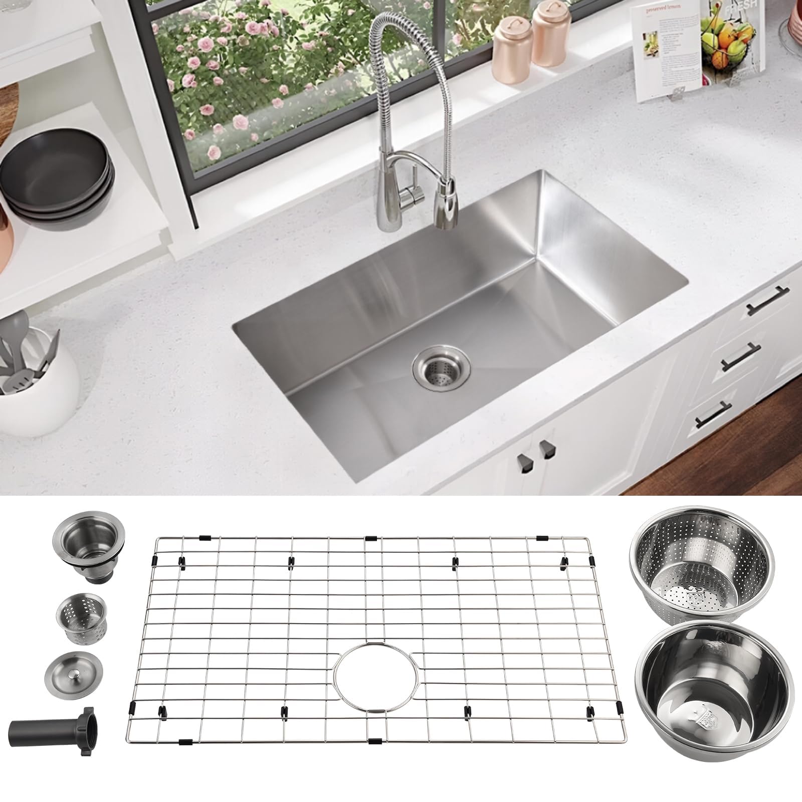32 Inch Undermount Kitchen Sink - 16 Gauge Stainless Steel Single Bowl Workstation Sink with Easy Drain, Low Noise & Easy to Clean (Silver) - Perfect for Modern Kitchens, Restaurant Prep & Heavy Duty Cooking