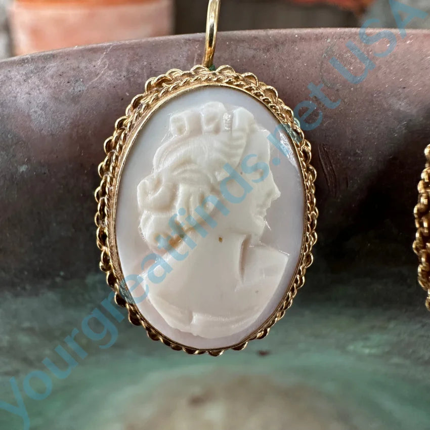 14K Gold & Shell Cameo Earrings - Vintage Style Dangle Earrings for Women, Perfect for Weddings, Parties & Special Occasions