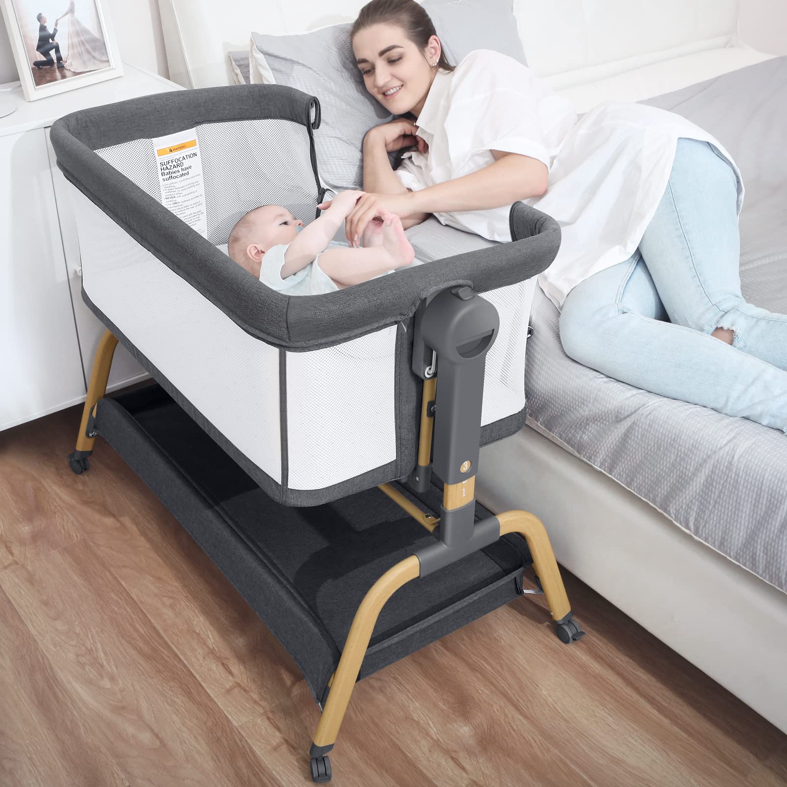 3 in 1 Baby Bassinet with Comfy Mattress - Adjustable Height, Portable Folding Crib with Wheels for Newborns | Bedside Sleeper, Rocking Bassinet for Nursery & Travel | Perfect for Co-Sleeping, Night Feeding & Room Sharing