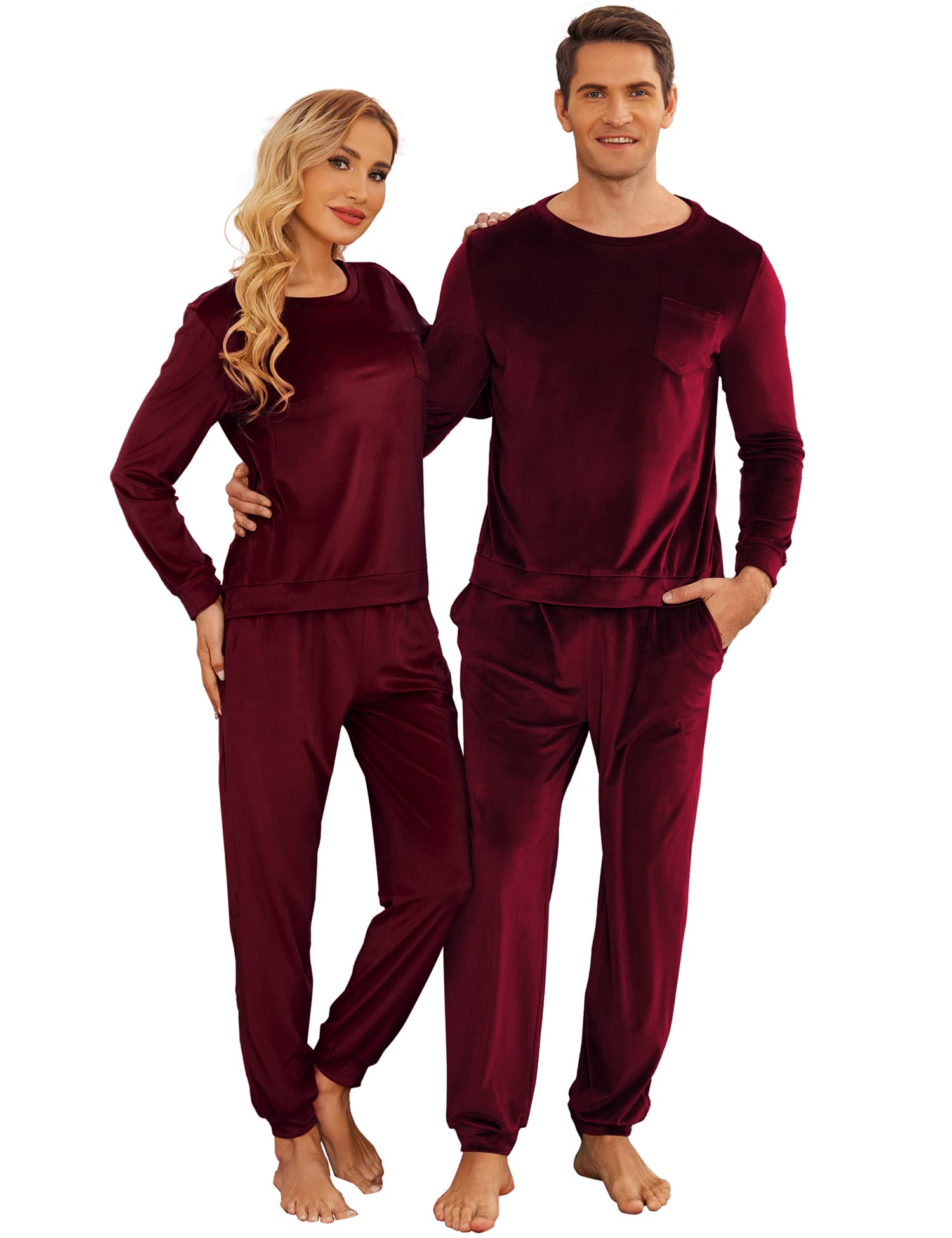 Ekouaer Matching Couples Pajama Set - Long Sleeve Soft Velvet Sleepwear with Pockets, Cozy 2-Piece Lounge PJS for Christmas Gifts & Anniversary Presents - Perfect for Winter Nights, Romantic Getaways and Family Photos