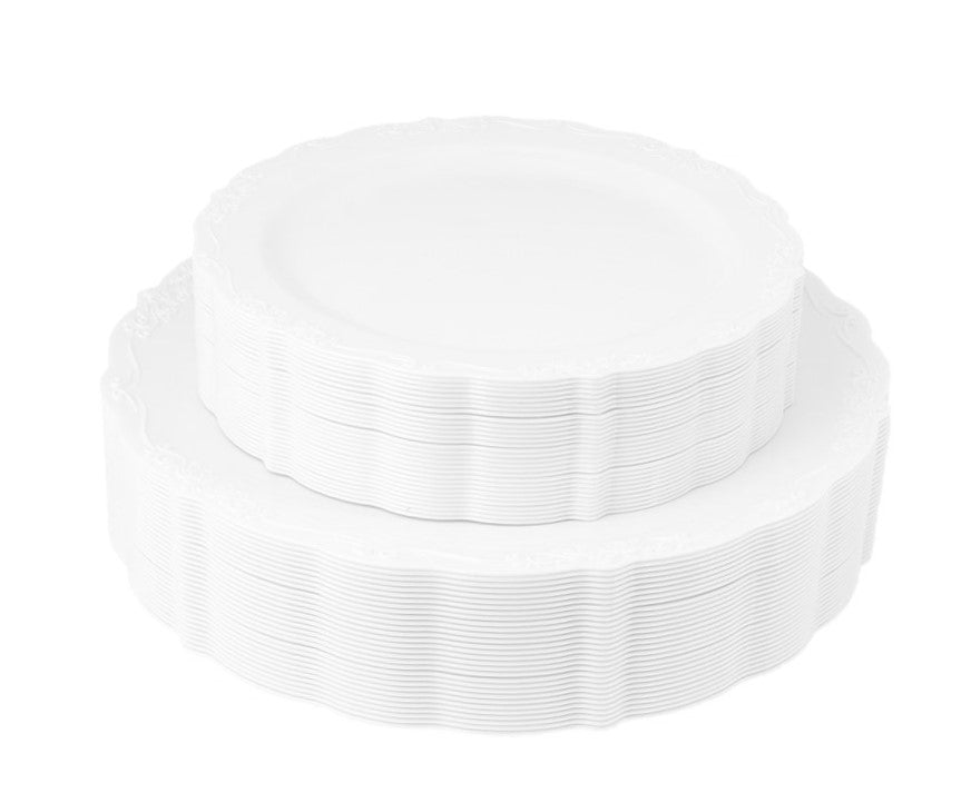 60-Piece White Round Plastic Dinnerware Set - Elegant & Durable Disposable Plates, Bowls, Cups & Cutlery for Parties, Picnics, BBQs & Outdoor Events