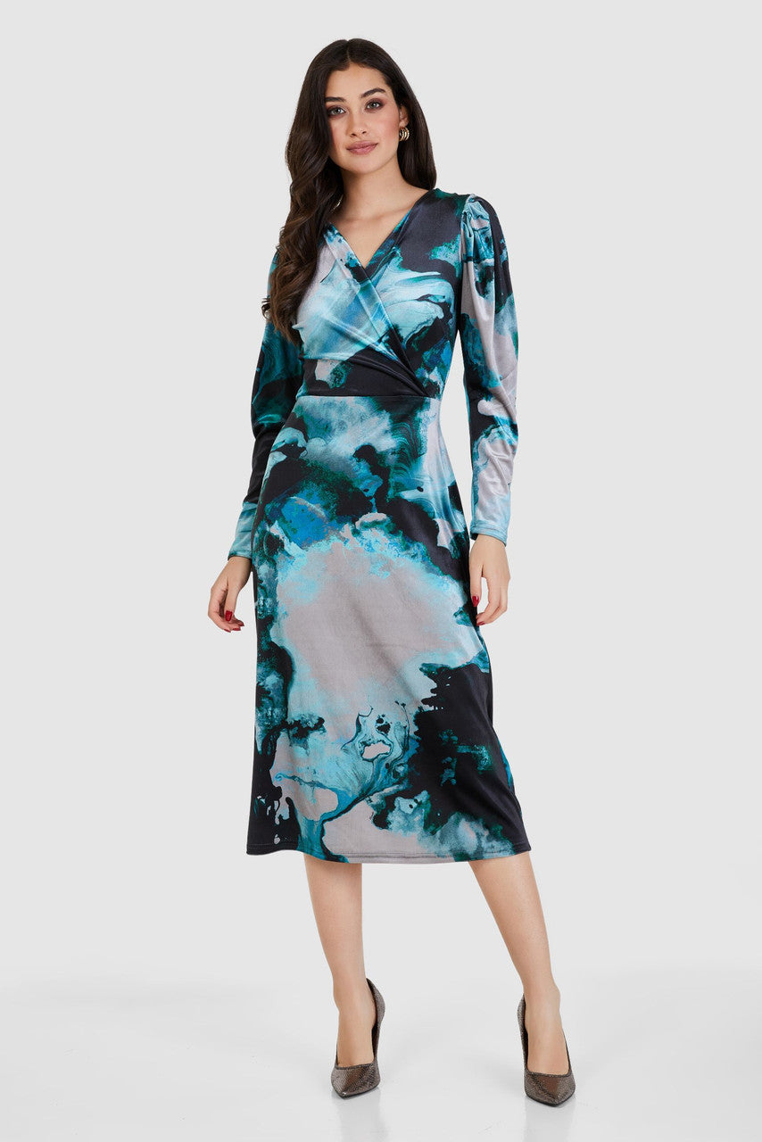 Ashta Velvet Wrap A-Line Midi Dress in Teal - Elegant Formal & Cocktail Party Wear for Women