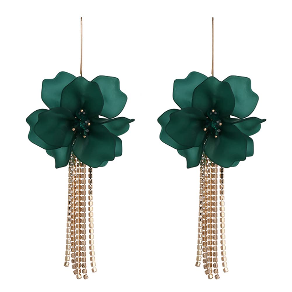 Boho Floral Drop Earrings for Women - Gold Rhinestone Tassel Chain Fringe Acrylic Resin Dangle Earrings - Crystal Statement Bridal Hoop Jewelry for Wedding, Party & Special Occasions (Green)