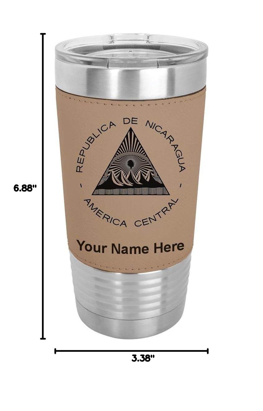 LaserGram 20oz Vacuum Insulated Stainless Steel Tumbler Mug with Nicaragua Flag Design - Personalized Engraving, Faux Leather Base (Light Brown) - Perfect for Coffee, Tea & Cold Drinks at Home, Office or Travel