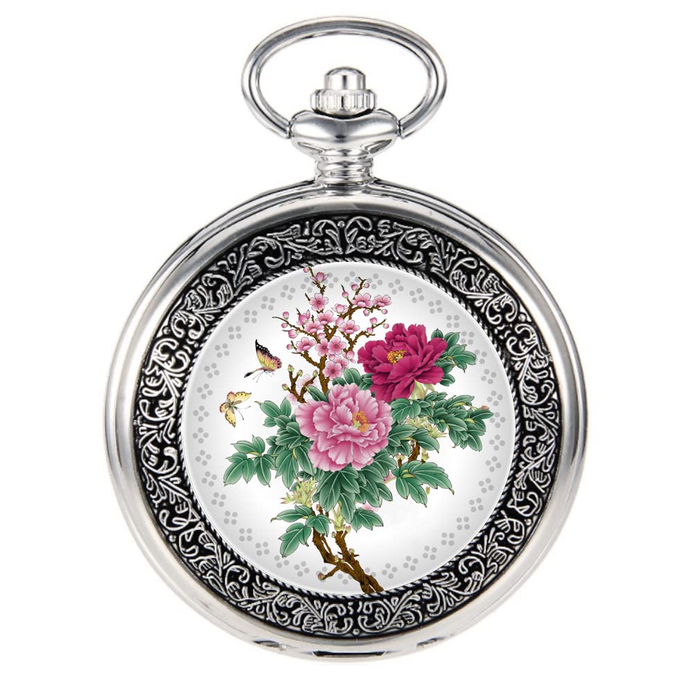 VIGOROSO Steampunk Silver Pocket Watch - Quartz Movement, Peony & Bird Enamel Painting, Gift Box Included | Vintage Style Accessory for Collectors, Cosplay & Victorian Fashion
