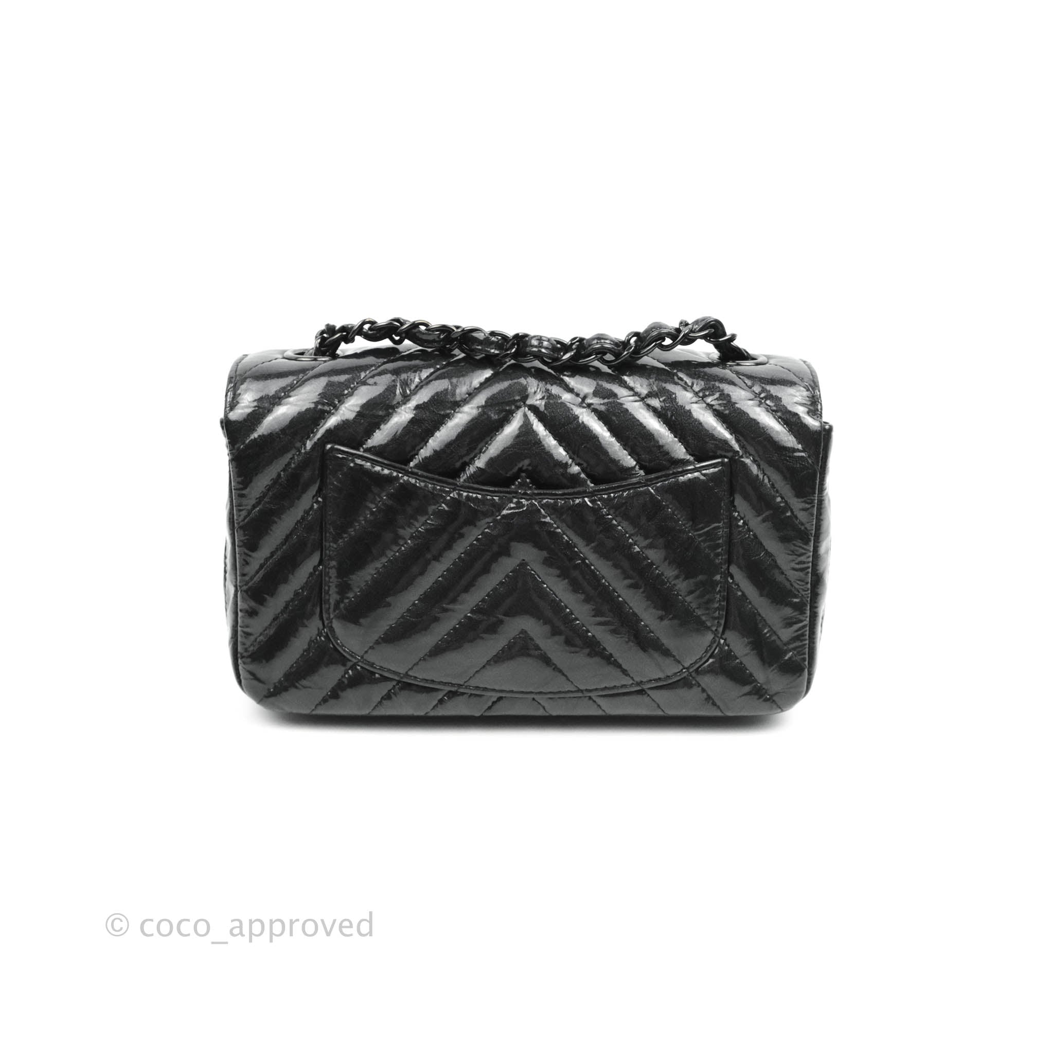 Chanel Chevron Mini Rectangular Flap Bag in Black Crumpled Patent Leather with So Black Hardware - Perfect for Evening Events & Luxury Fashion Accessories