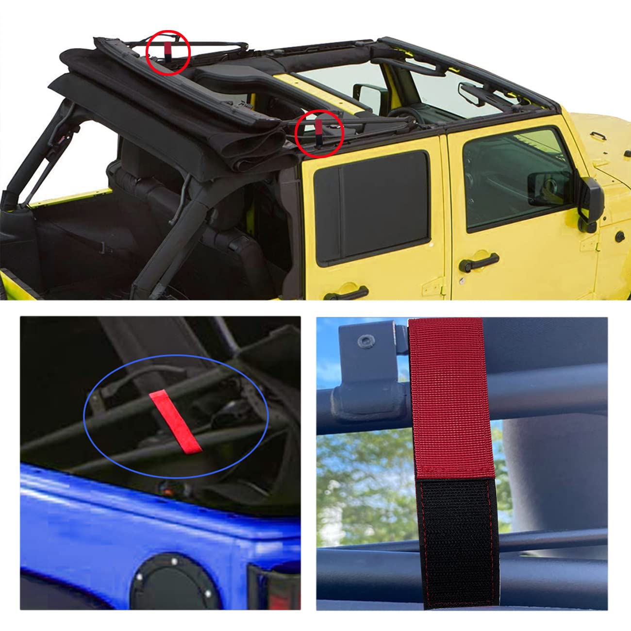 Heavy Duty Jeep Soft Top Tie Down Straps & Rear Window Roll Up Straps for Wrangler JK JKU JL JLU - Red (4 Pack) | Secure Storage & Off-Road Adventure Accessories