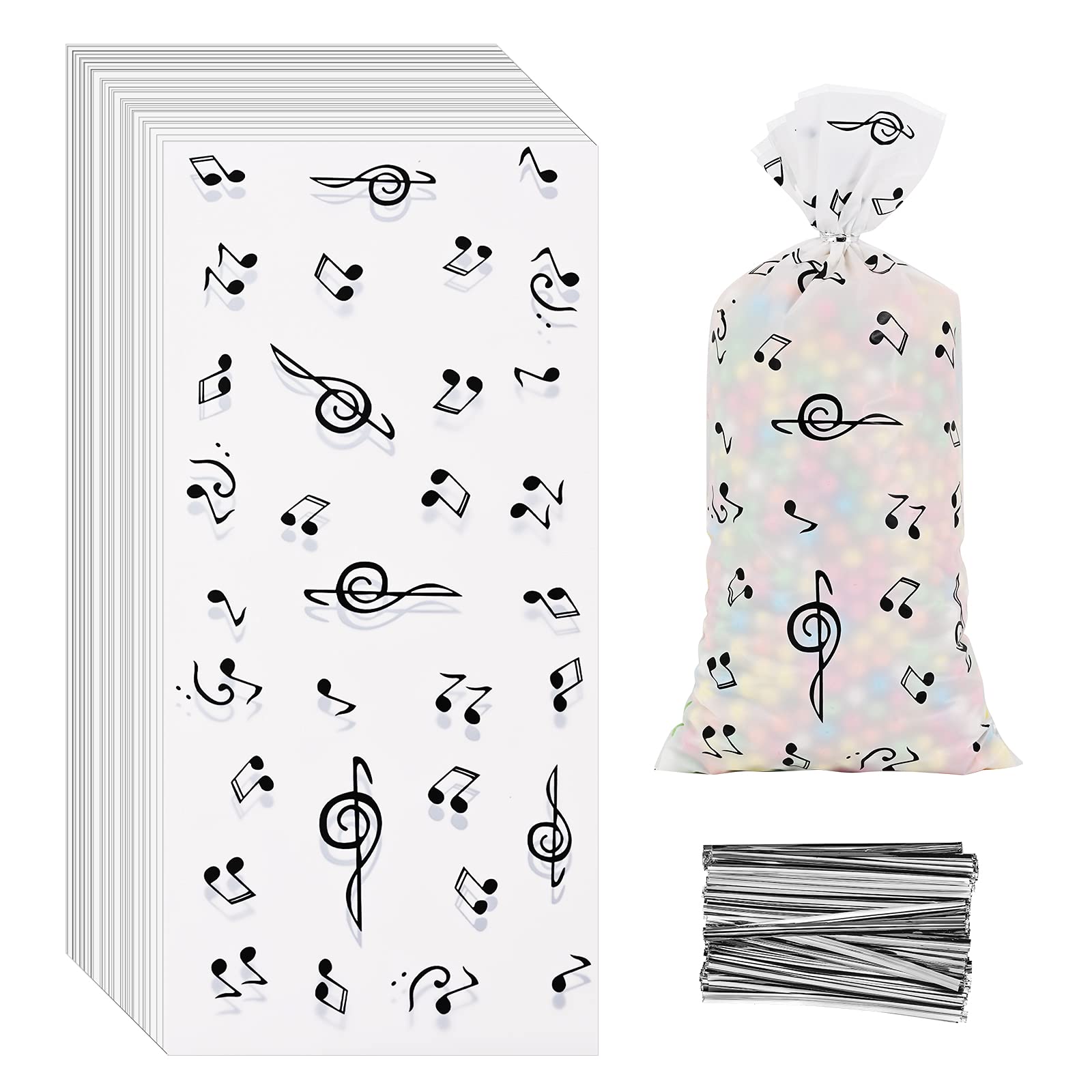 Lecpeting 100 Pcs Music Note Treat Bags - Colorful Cellophane Candy Bags with Twist Ties for Birthday Parties, Baby Showers & Musical Themed Events - Perfect for Party Favors, Candy Packaging & Gift Bags
