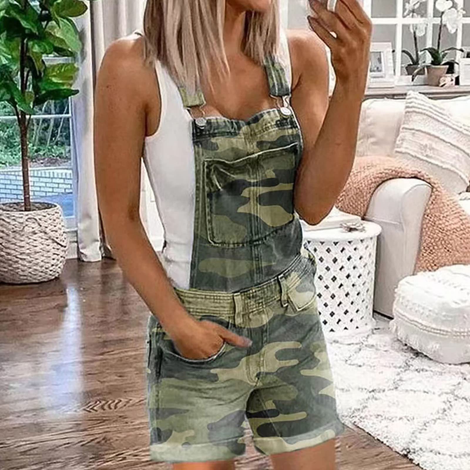 Women's Camo Denim Short Overalls - Adjustable Straps Classic Jean Jumpsuit | Casual Camouflage Romper for Outdoor Adventures, Music Festivals & Streetwear Fashion