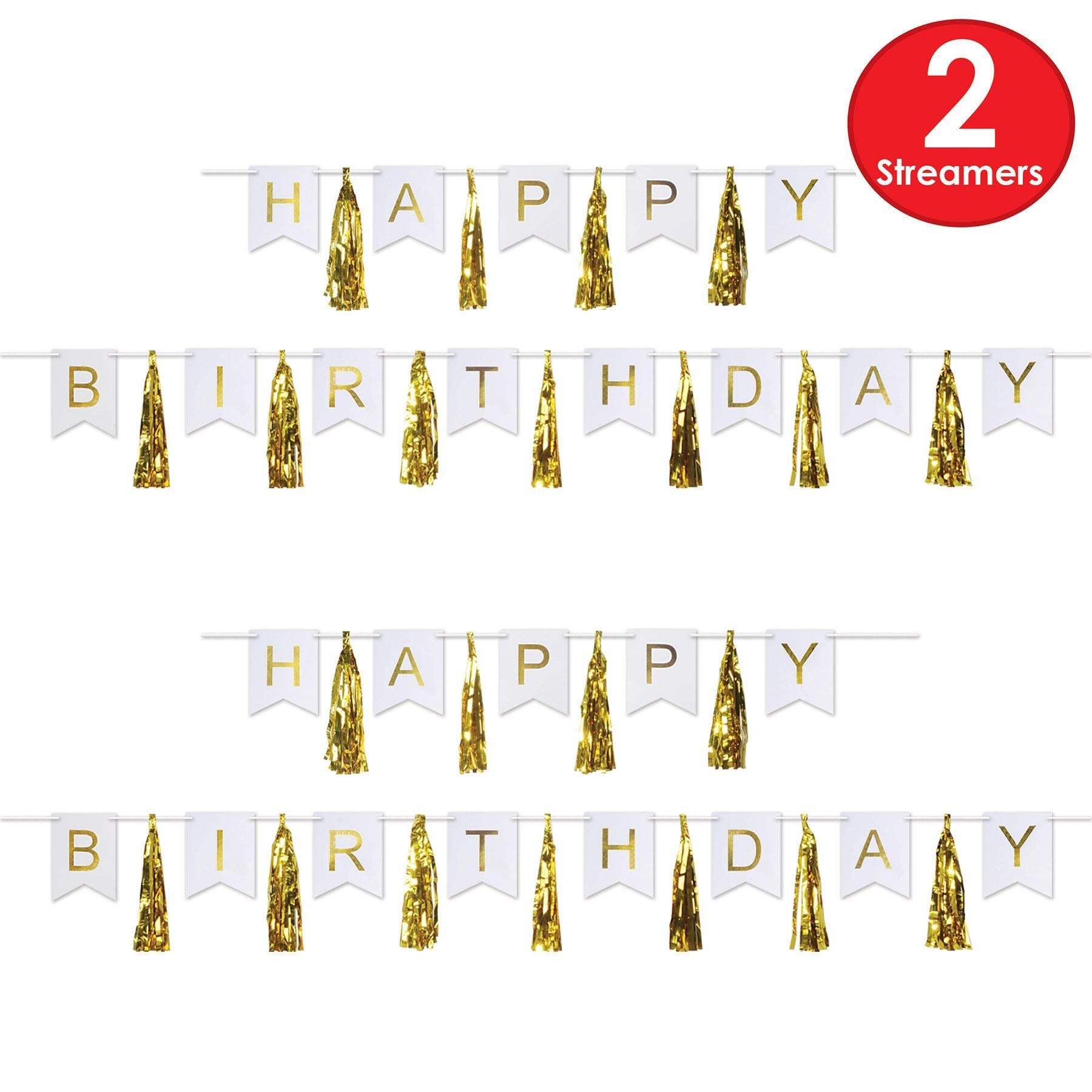 12 Pack Gold and White Happy Birthday Party Tassel Streamers - Premium Party Decorations for Birthday Celebrations, Baby Showers & Special Events
