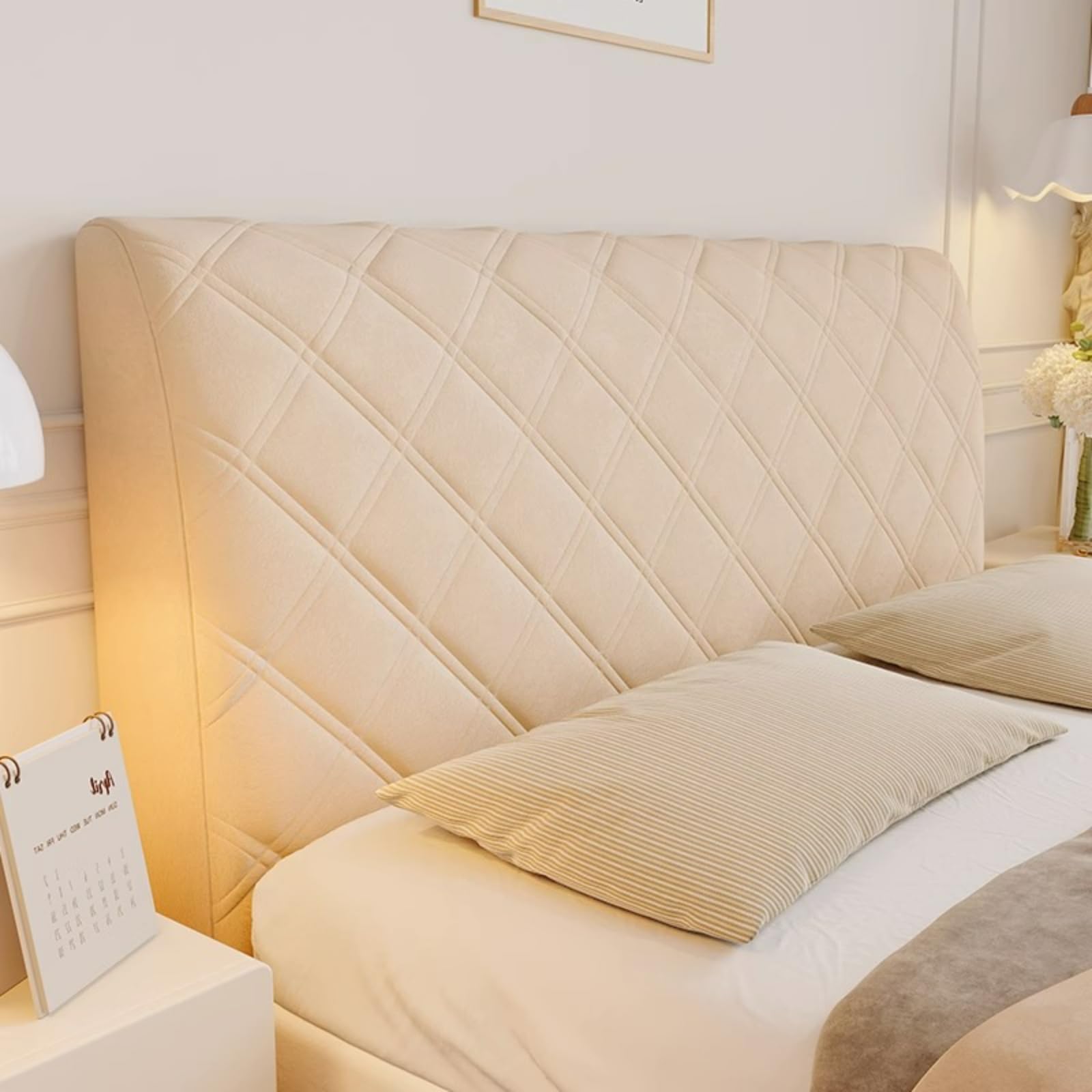 EFELIM Velvet Headboard Cover - Full, Queen & King Size Quilted Slipcover - Thick Dustproof Protector for Bedroom Decor - Washable & Reusable (Khaki Diamond, Queen: 59in/150cm) - Perfect for Home, Hotel & Airbnb Styling