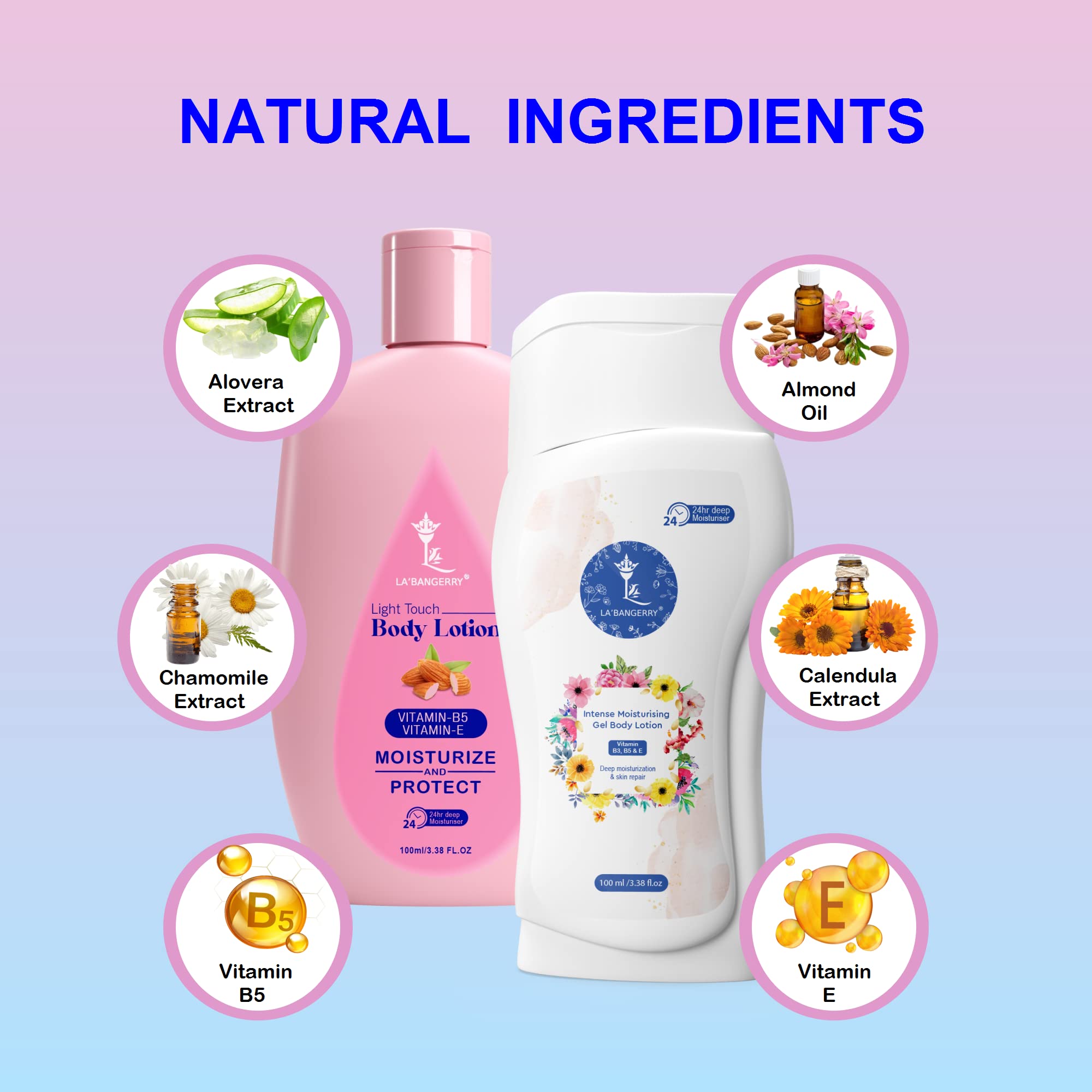 LA'BANGERRY Daily Moisturizing Gel Body Lotion & Almond Body Lotion Combo Set - 100ml (Pack of 2) - Intensive Hydration for Dry Skin, Non-Sticky Formula for Smooth & Healthy Skin - Perfect for Daily Use, After Shower, and Nighttime Skincare Routine