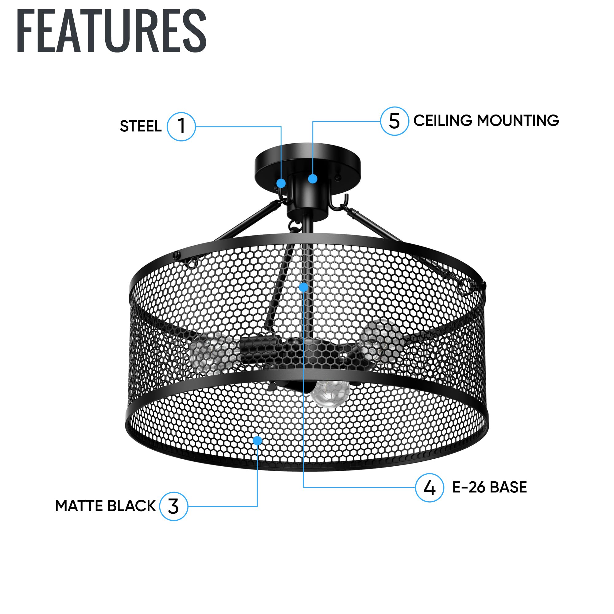 LEDMyplace 3-Light Drum Semi Flush Mount Ceiling Light Fixture - Matte Black Steel Cage, UL Listed, Farmhouse Style - Perfect for Bedroom, Living Room & Hallway - E26 Base (Bulb Not Included) | Modern Home Lighting for Cozy Ambiance & Energy-Efficient Illumination