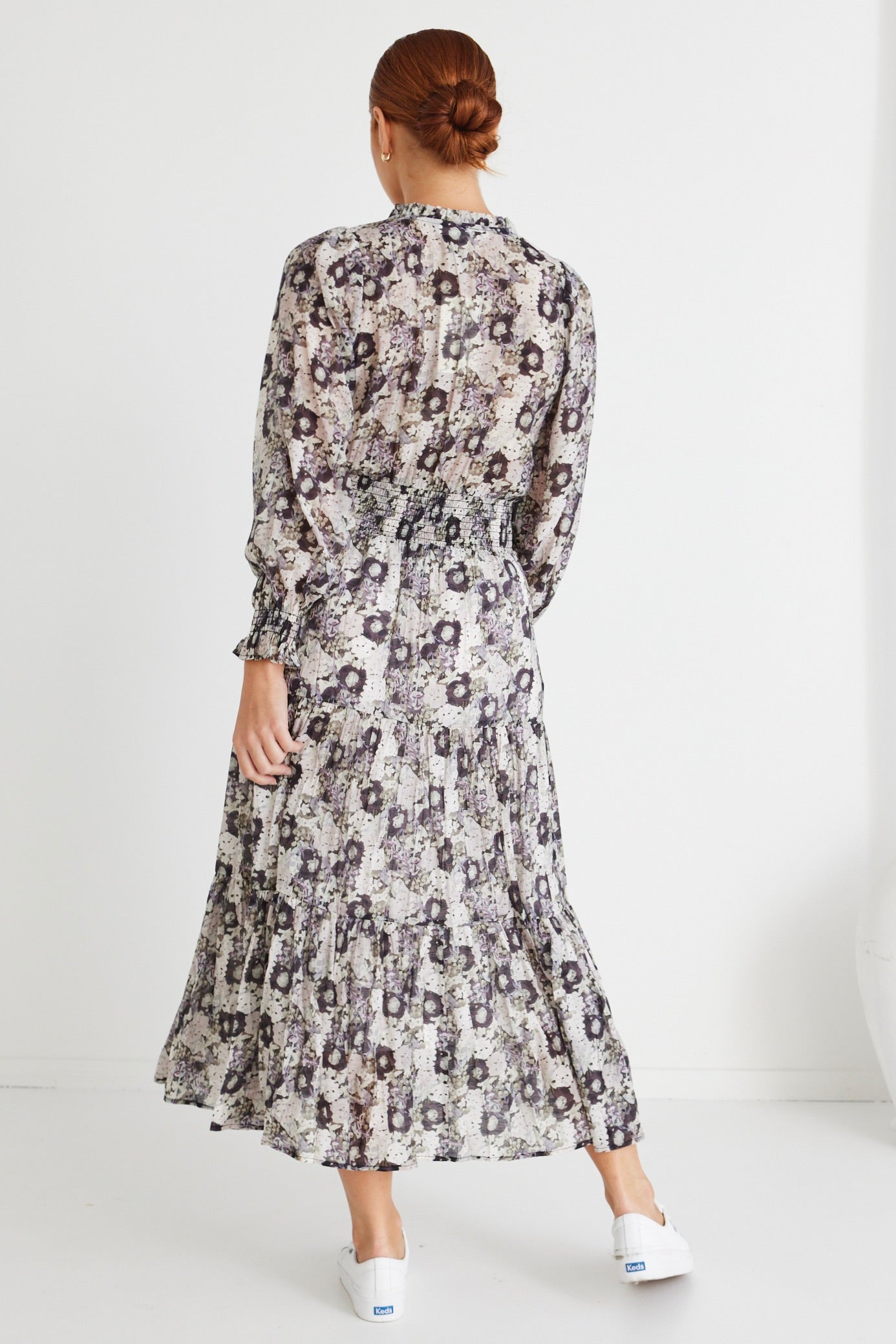 Charlie Lilac Garden Long Sleeve V-Neck Tiered Maxi Dress for Women - Elegant Floral Print Summer Dress for Beach, Wedding & Party